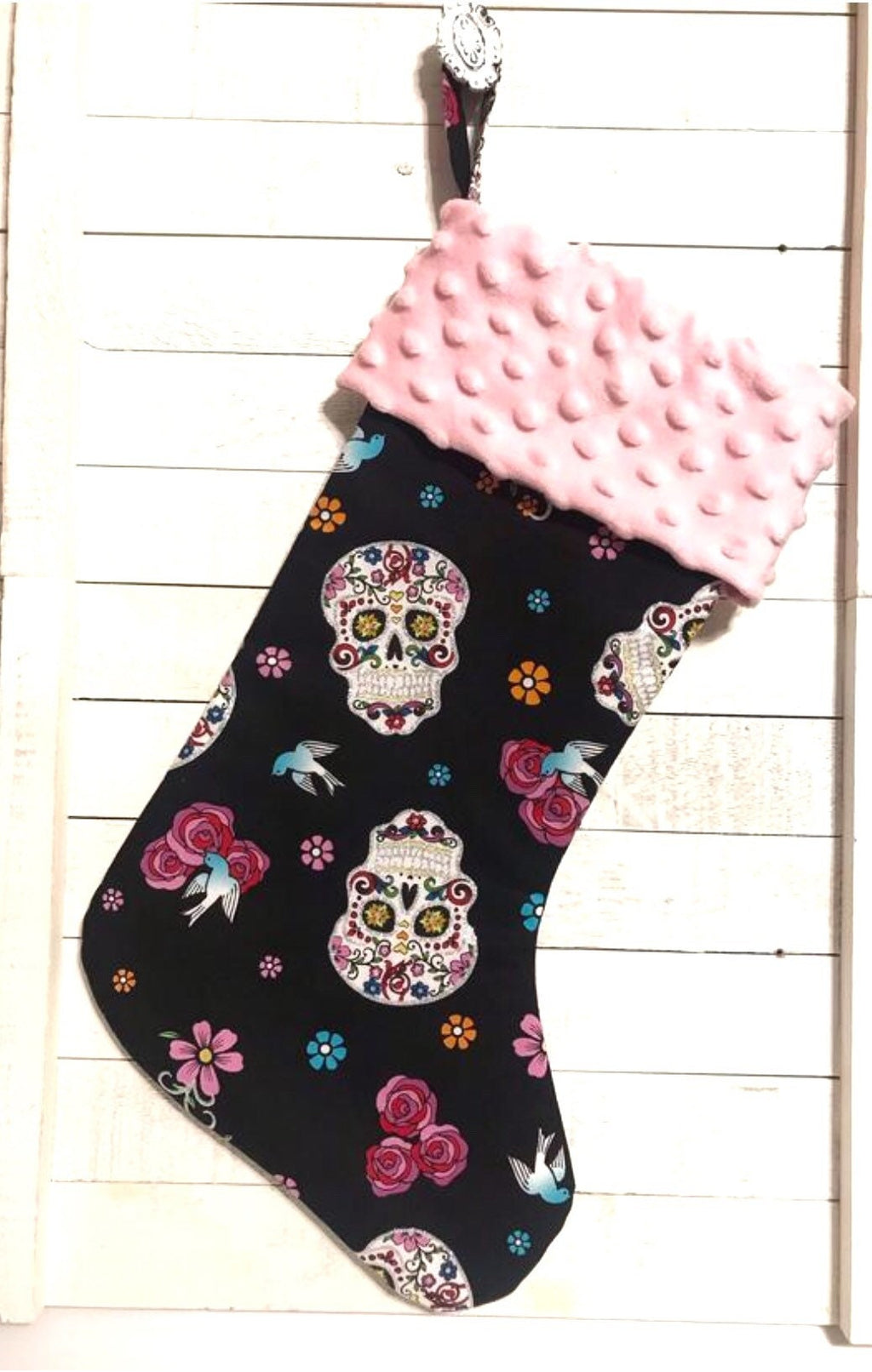 Sugar Skull personalized Christmas stocking, glitter black sugar skull or red Cotton and Minky cuff, fully lined 18” stocking