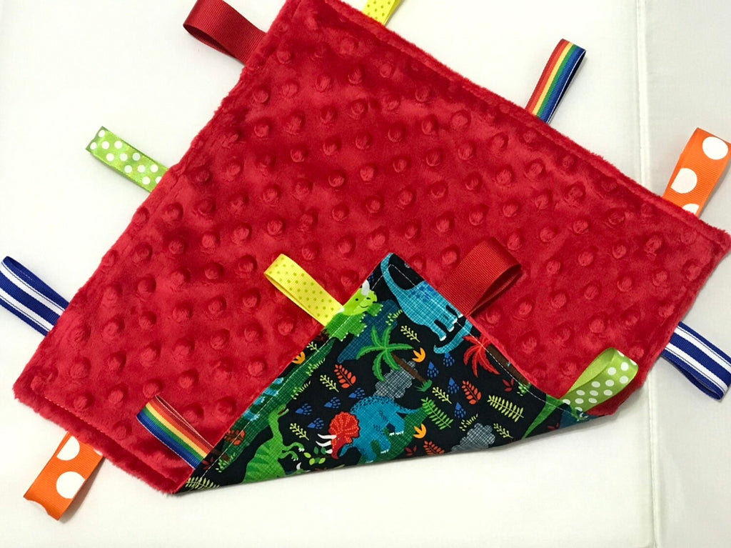 Dinosaur Blanket lovey - cotton fabric toy ~ can personalize ~ sensory blanket lovey ~ Cotton minky ~ baby shower gift ~ 12”