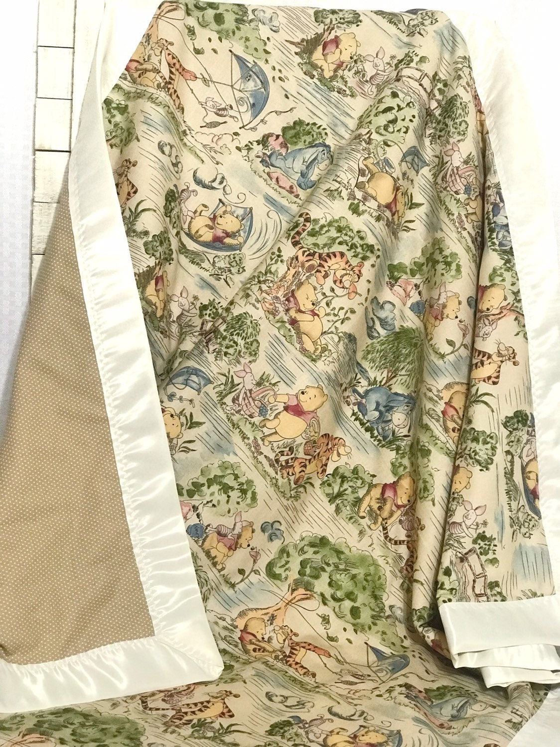 Baby crib Blanket made from Winnie the Pooh fabric with satin binding for girl or boy, personalized  baby gift