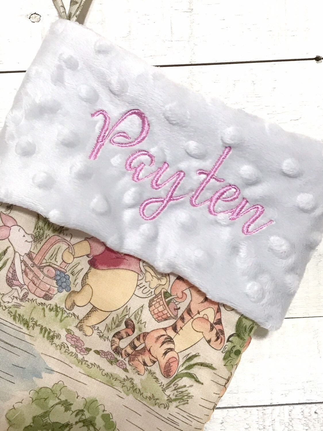Personalized option Christmas stocking made from Winnie the Pooh fabric cotton and fully lined, minky or fur cuff colors, 18” x 8” size