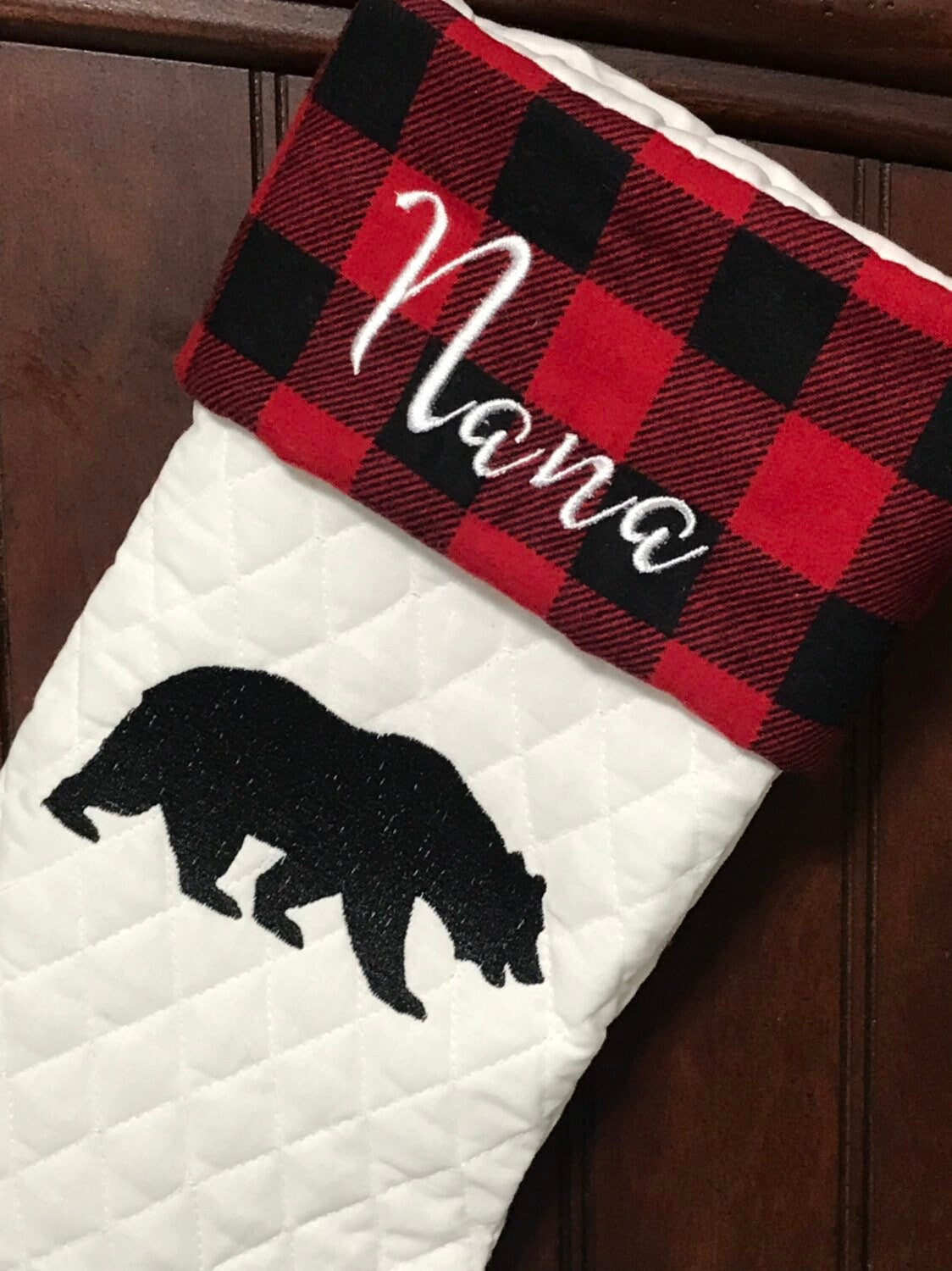 Embroidered Bear personalized Christmas stocking made from quilted fabric, add name on buffalo plaid cuff and fully lined, 18”, color choice