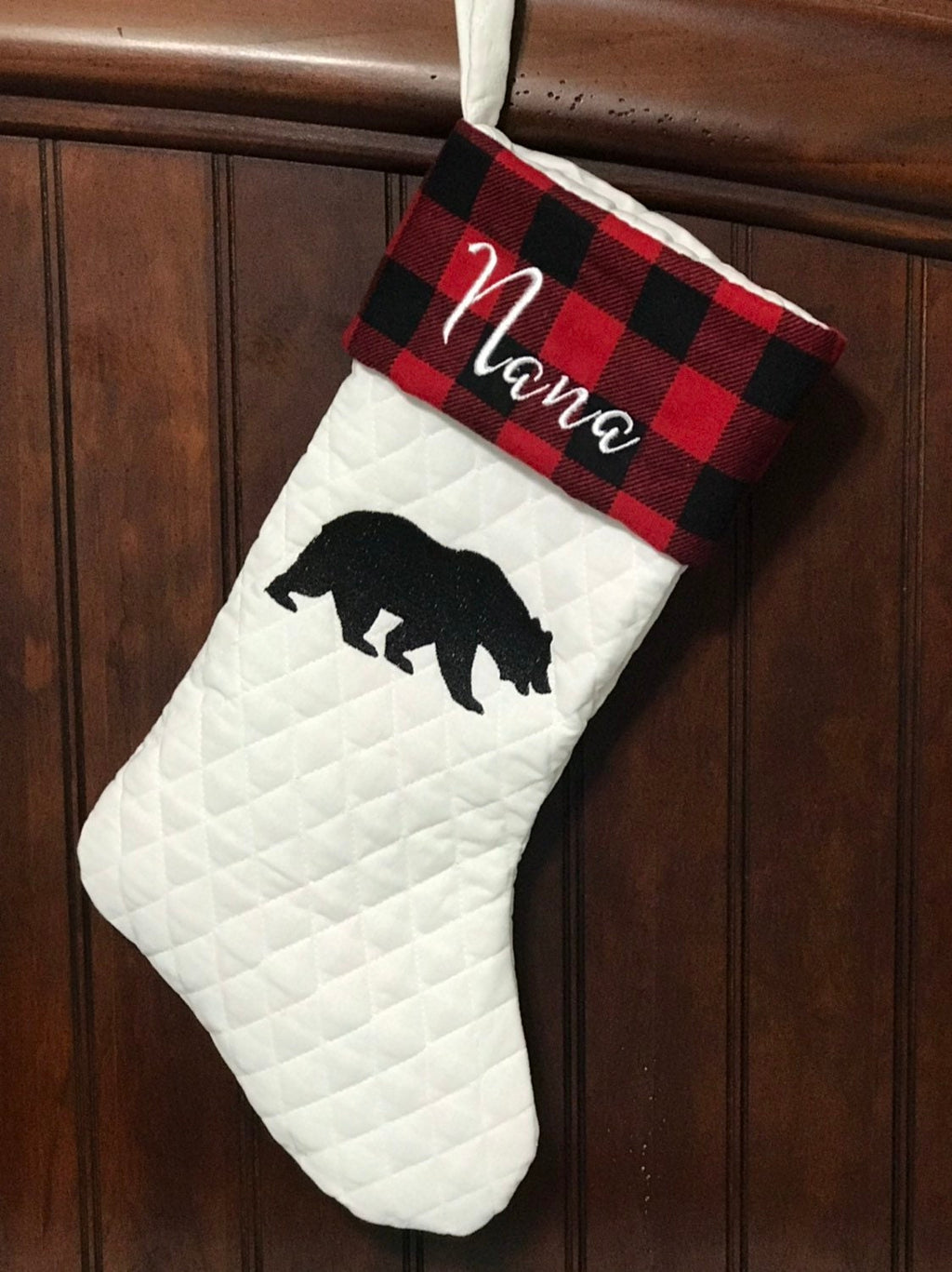 Embroidered Bear personalized Christmas stocking made from quilted fabric, add name on buffalo plaid cuff and fully lined, 18”, color choice