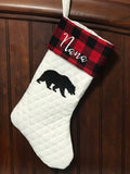 Embroidered Bear personalized Christmas stocking made from quilted fabric, add name on buffalo plaid cuff and fully lined, 18”, color choice