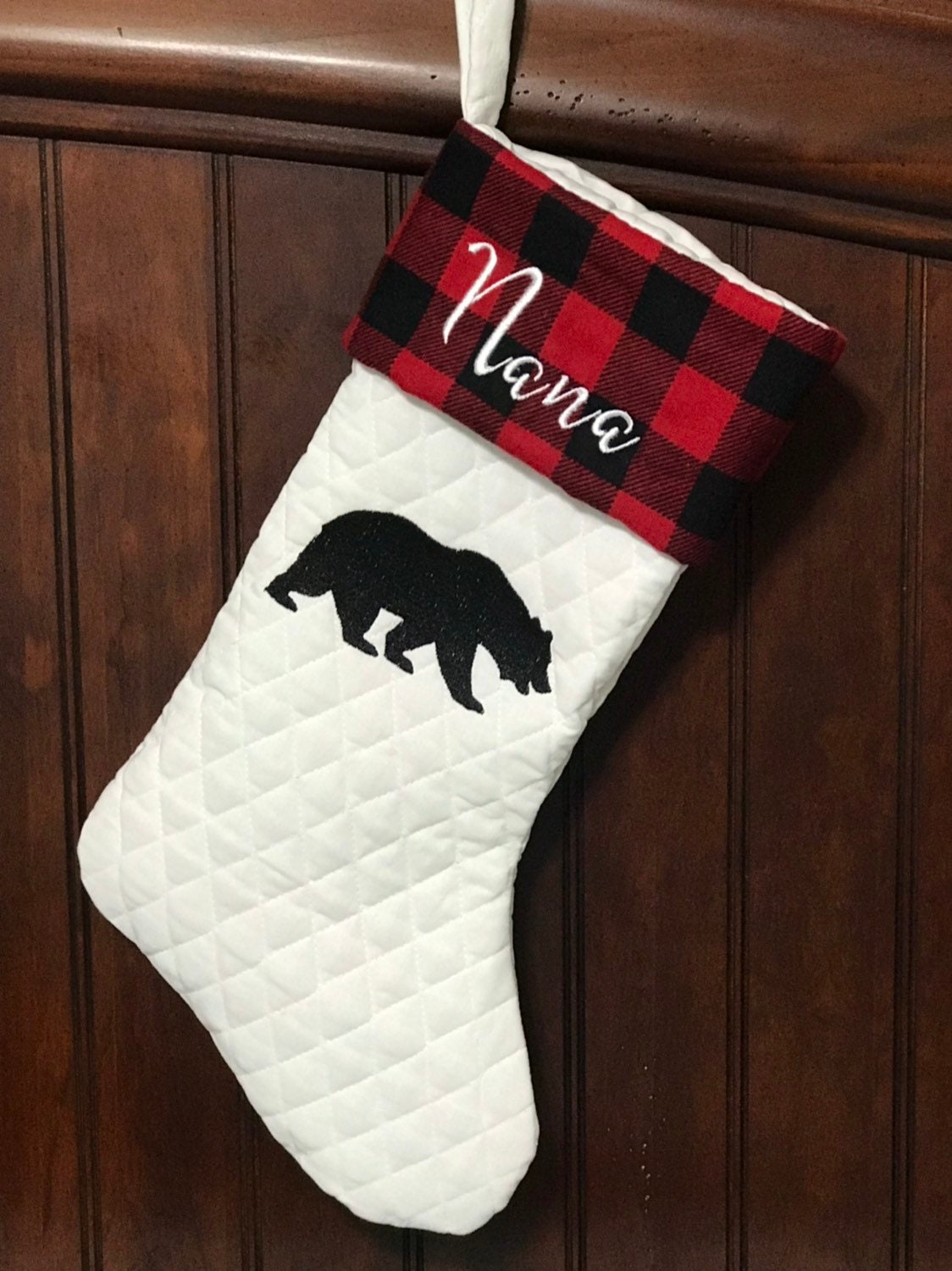 Embroidered Bear personalized Christmas stocking made from quilted fabric, add name on buffalo plaid cuff and fully lined, 18”, color choice