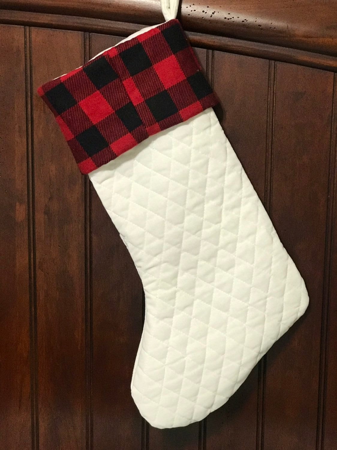 Embroidered Bear personalized Christmas stocking made from quilted fabric, add name on buffalo plaid cuff and fully lined, 18”, color choice
