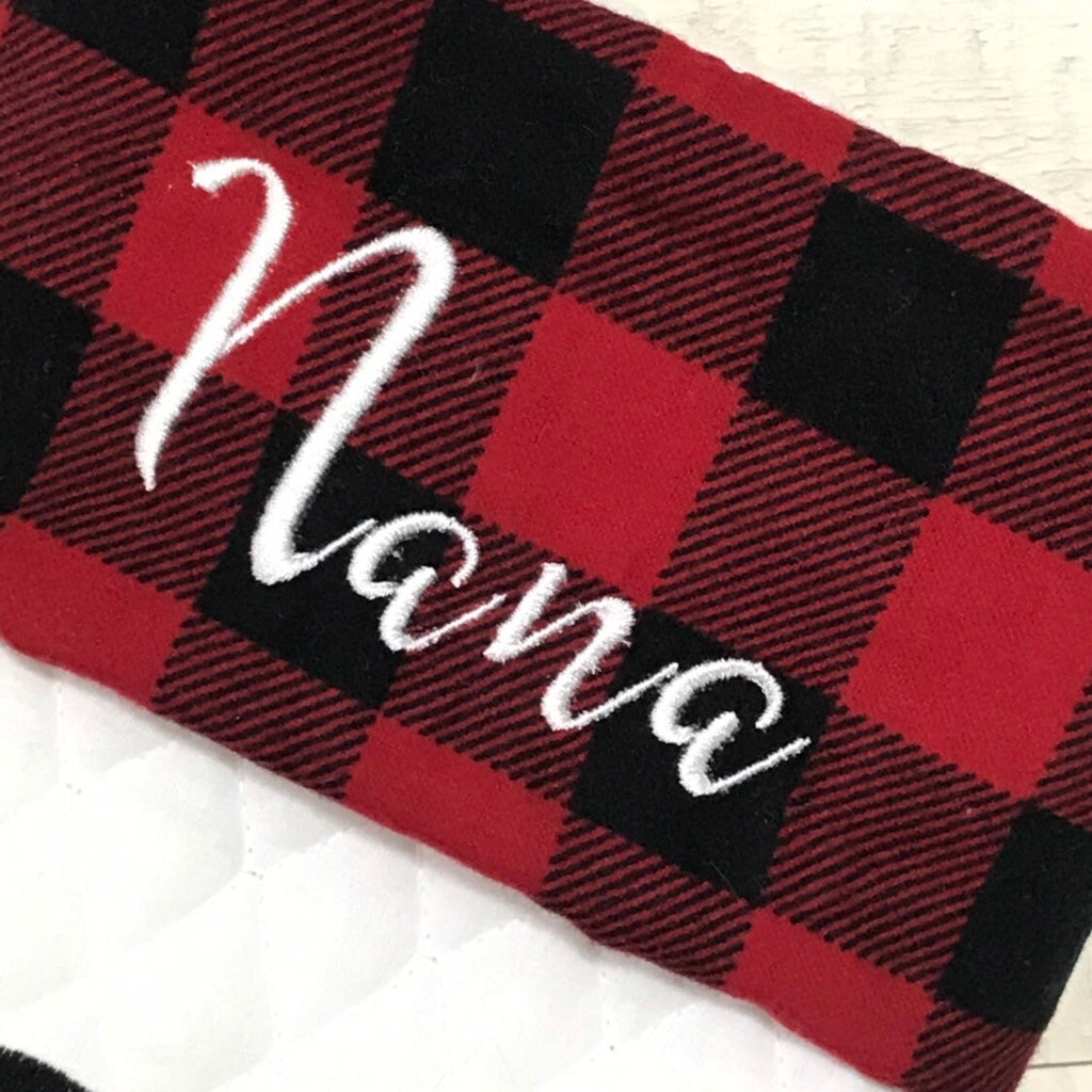 Embroidered Bear personalized Christmas stocking made from quilted fabric, add name on buffalo plaid cuff and fully lined, 18”, color choice