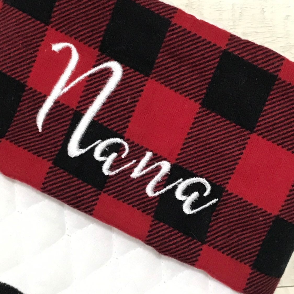 Embroidered Bear personalized Christmas stocking made from quilted fabric, add name on buffalo plaid cuff and fully lined, 18”, color choice