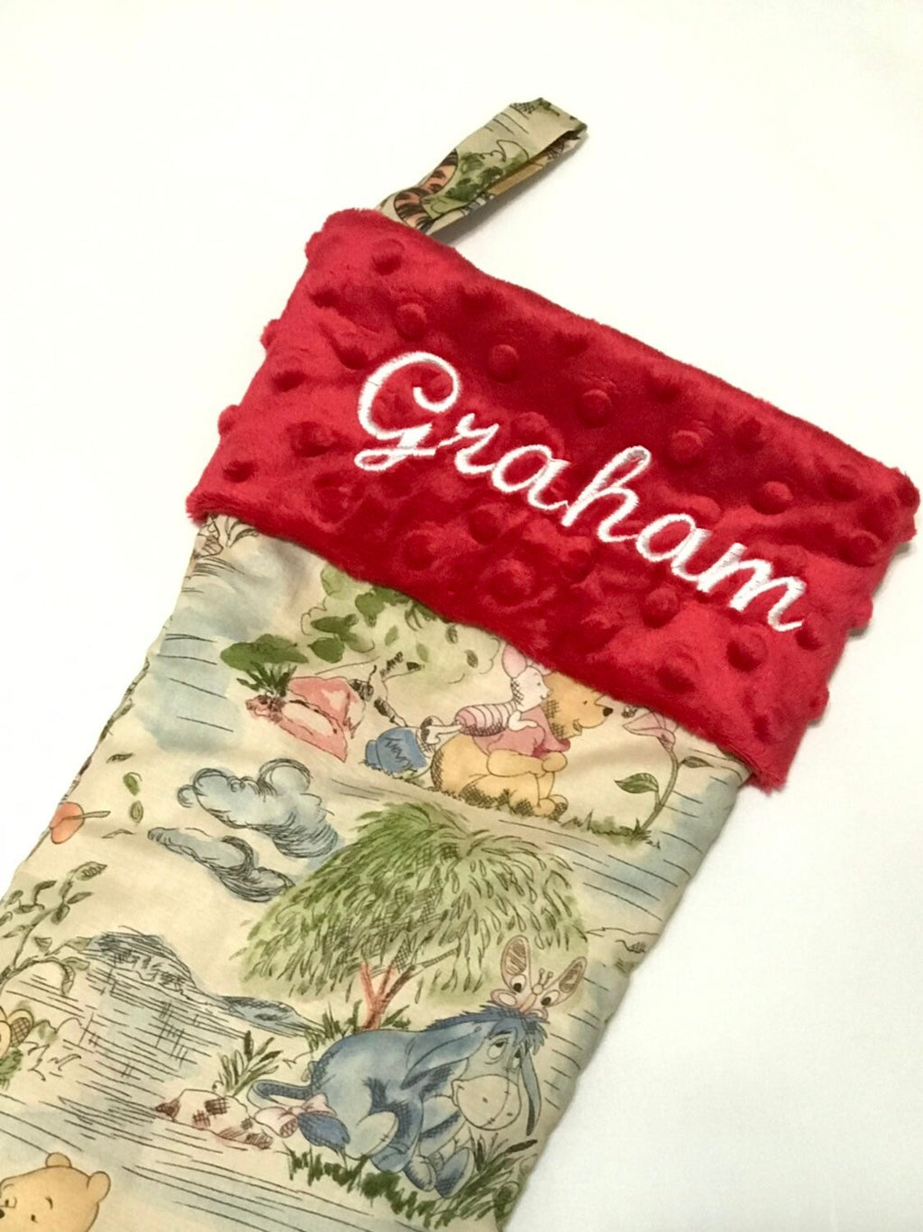 Personalized option Christmas stocking made from Winnie the Pooh fabric cotton and fully lined, minky or fur cuff colors, 18” x 8” size