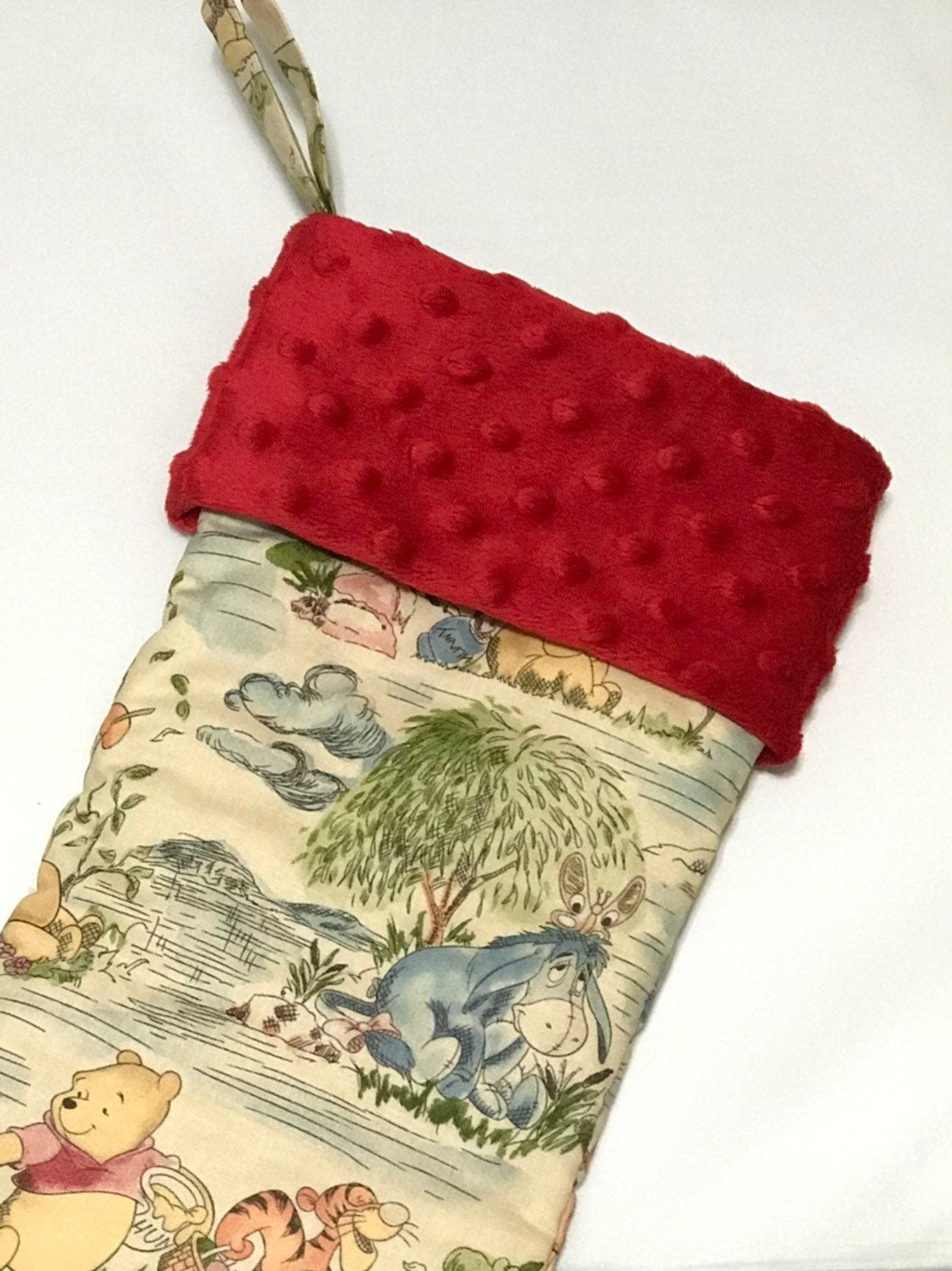 Personalized option Christmas stocking made from Winnie the Pooh fabric cotton and fully lined, minky or fur cuff colors, 18” x 8” size