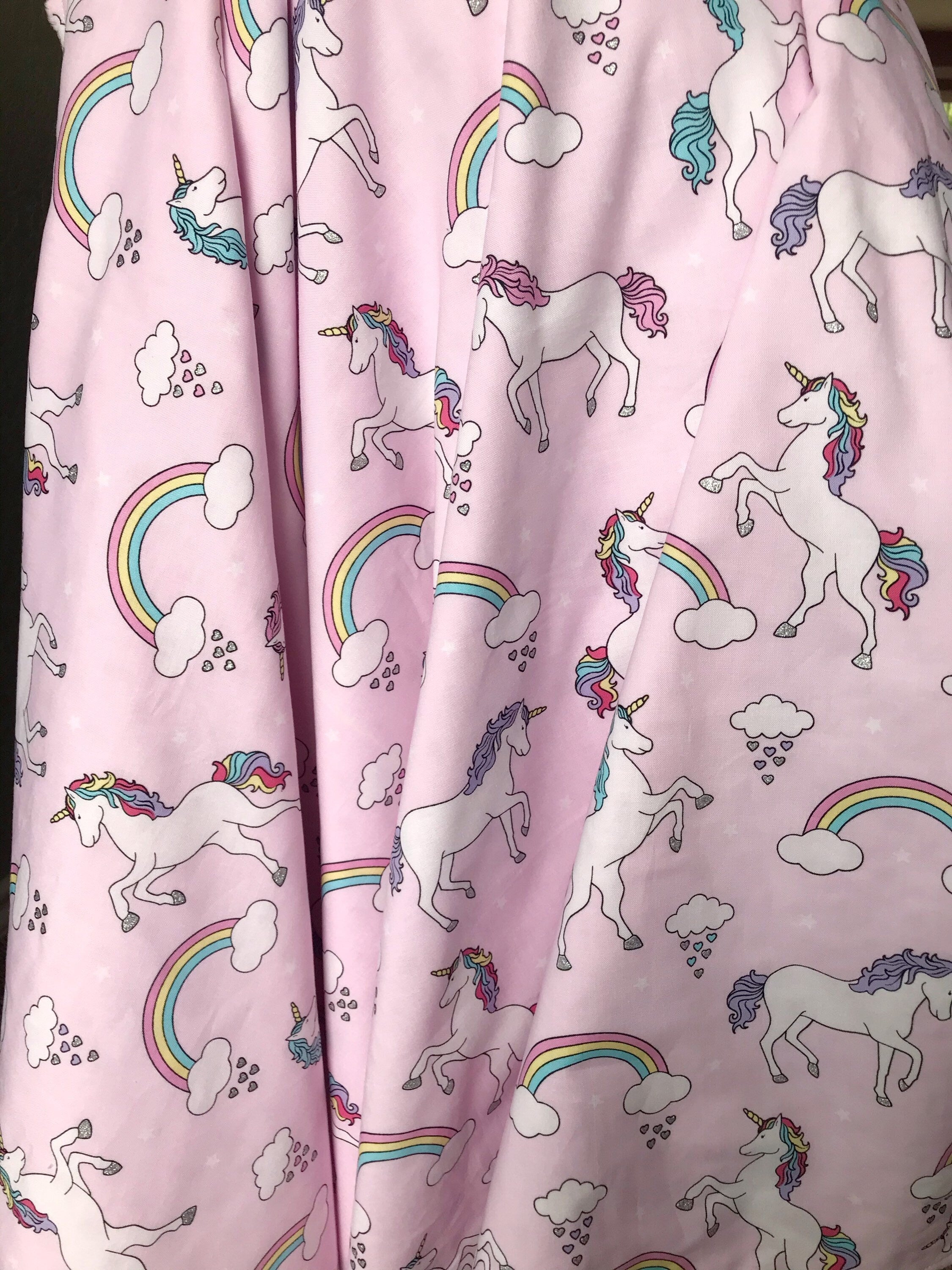 Baby Blanket in unicorns and rainbows pink cotton fabric forbaby girl with soft dimple dot minky back, personalized baby shower gift