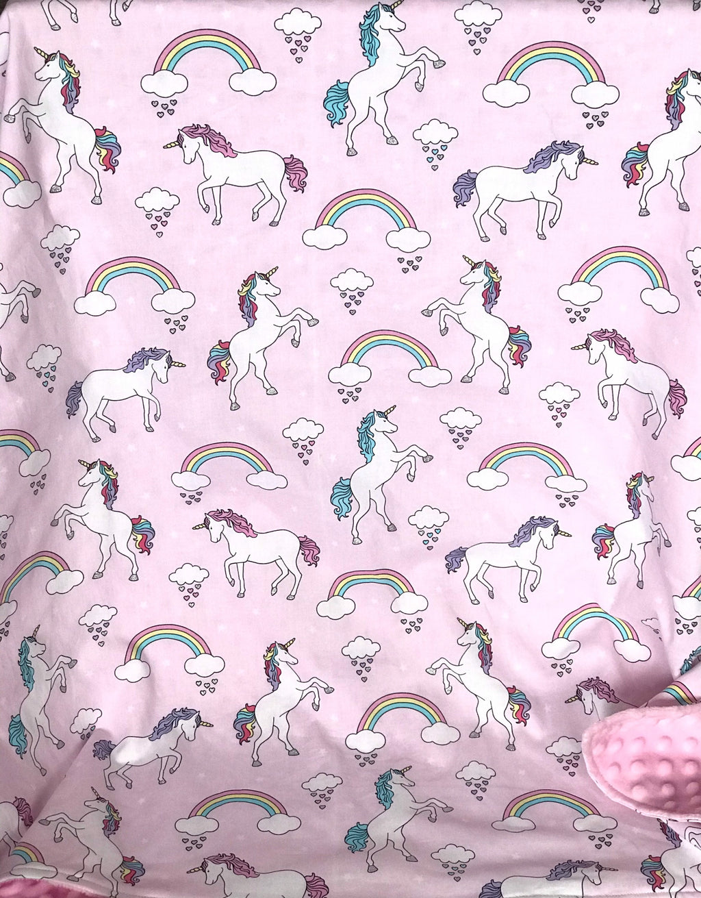 Baby Blanket in unicorns and rainbows pink cotton fabric forbaby girl with soft dimple dot minky back, personalized baby shower gift