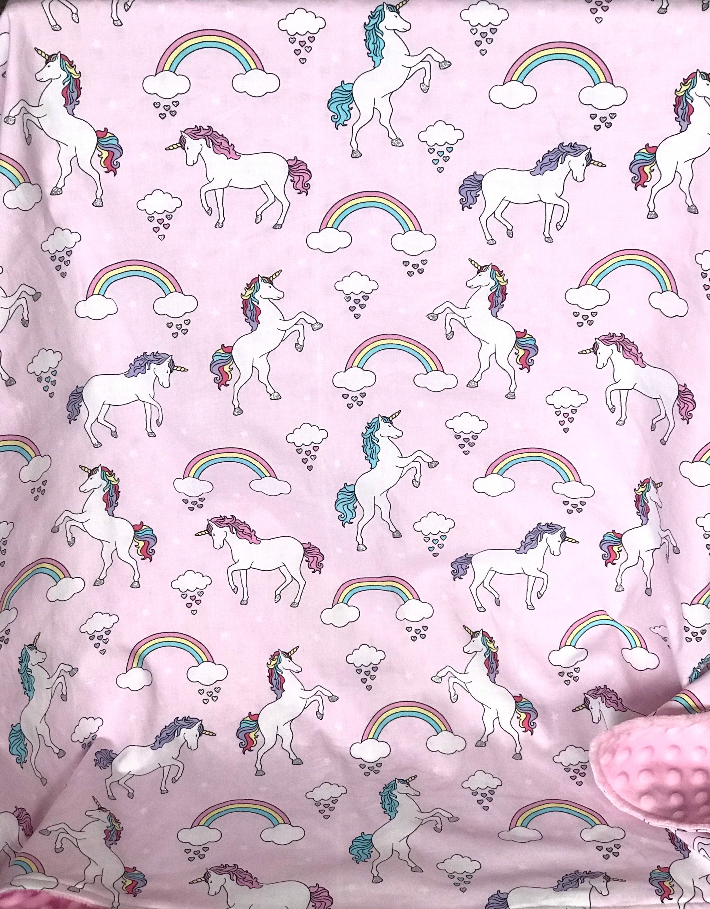 Baby Blanket in unicorns and rainbows pink cotton fabric forbaby girl with soft dimple dot minky back, personalized baby shower gift