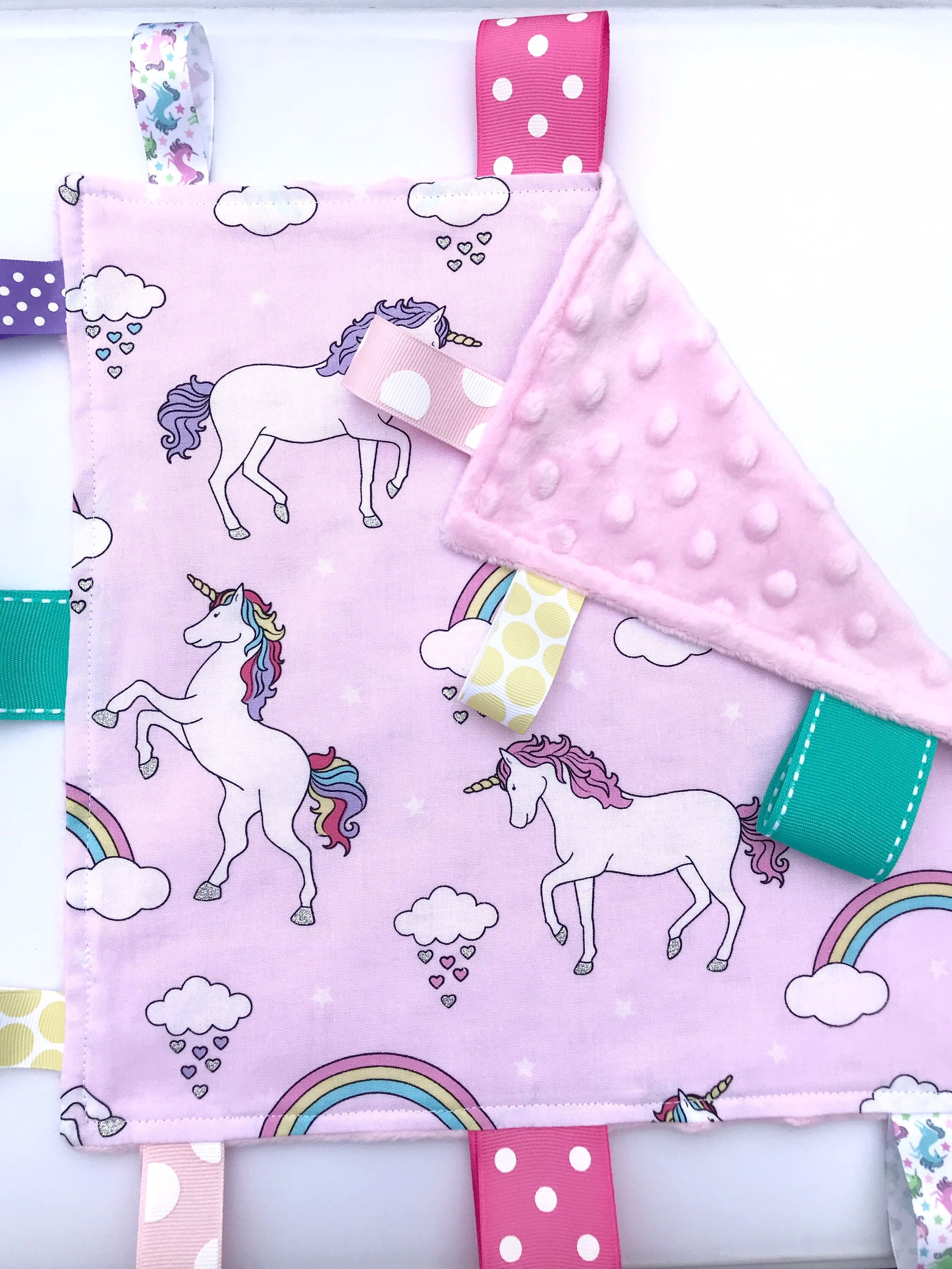 Unicorns Baby girl lovey blanket |toddler sensory toy | crinkle option | pink fabric | can personalize | baby shower gift | choose minky