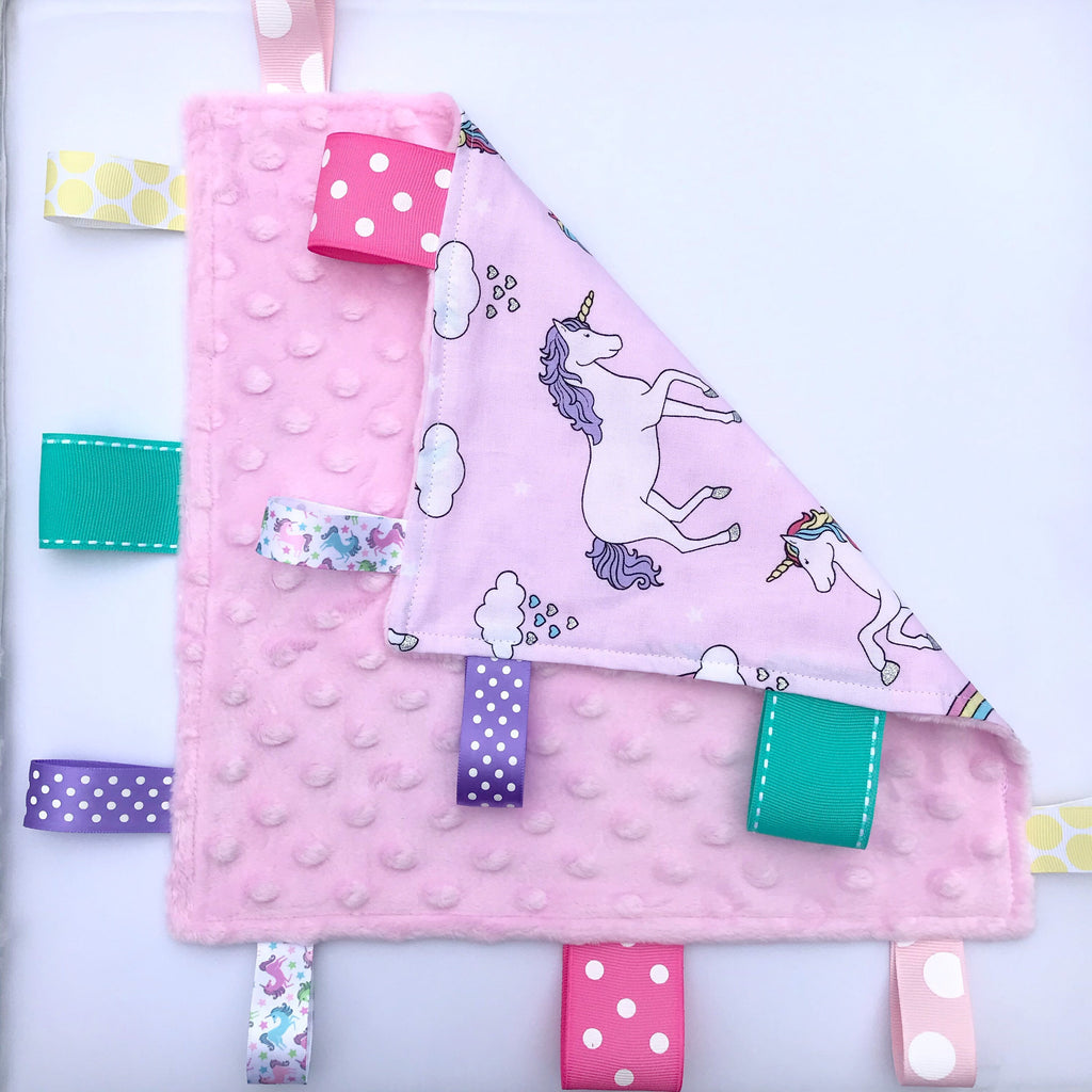 Unicorns Baby girl lovey blanket |toddler sensory toy | crinkle option | pink fabric | can personalize | baby shower gift | choose minky