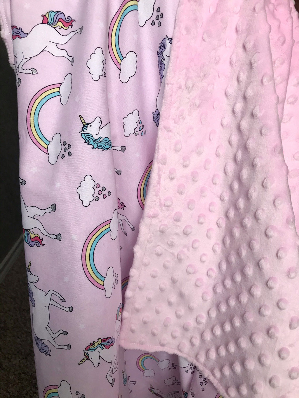 Baby Blanket in unicorns and rainbows pink cotton fabric forbaby girl with soft dimple dot minky back, personalized baby shower gift