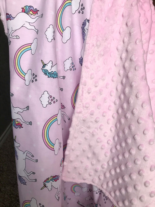Baby Blanket in unicorns and rainbows pink cotton fabric forbaby girl with soft dimple dot minky back, personalized baby shower gift