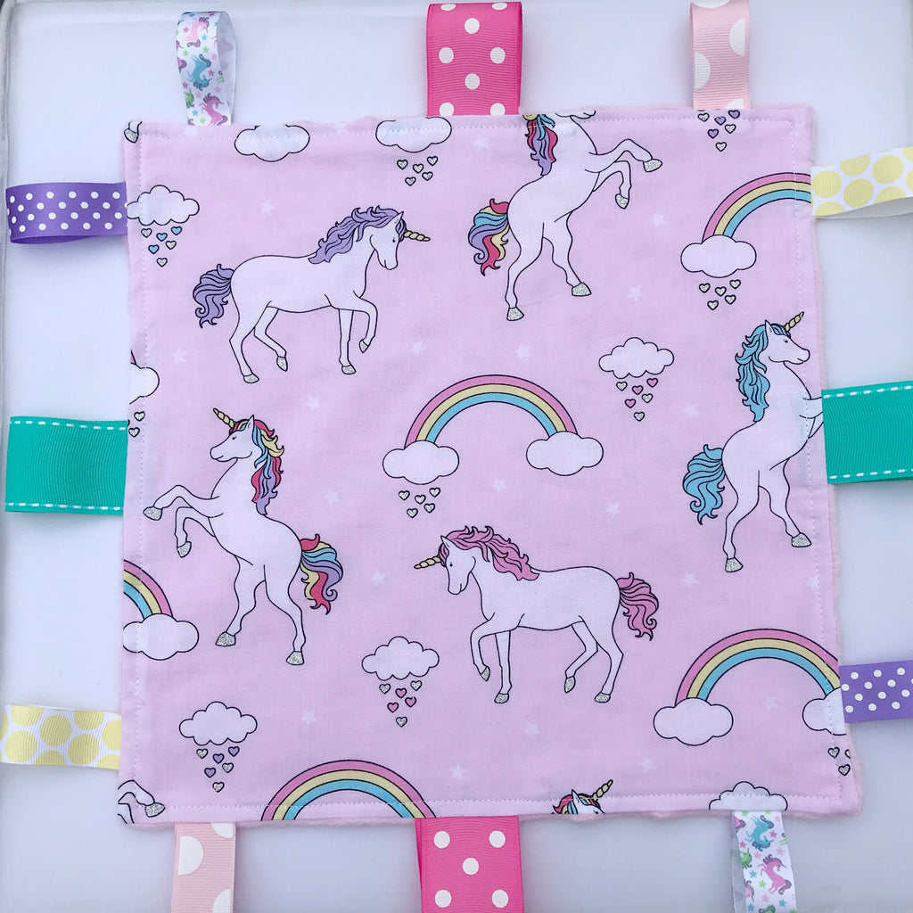 Unicorns Baby girl lovey blanket |toddler sensory toy | crinkle option | pink fabric | can personalize | baby shower gift | choose minky