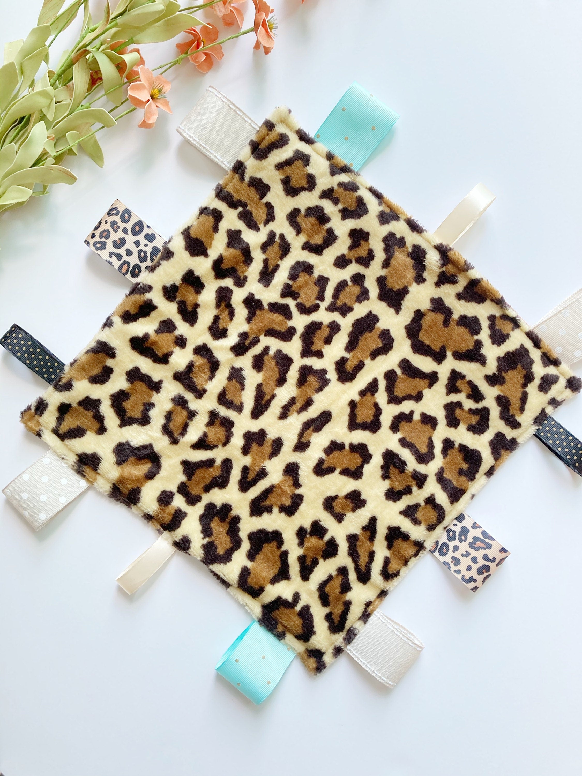 Personalized Leopard Blanket lovey leopard minky and satin and ribbon tag sensory baby gift 12"