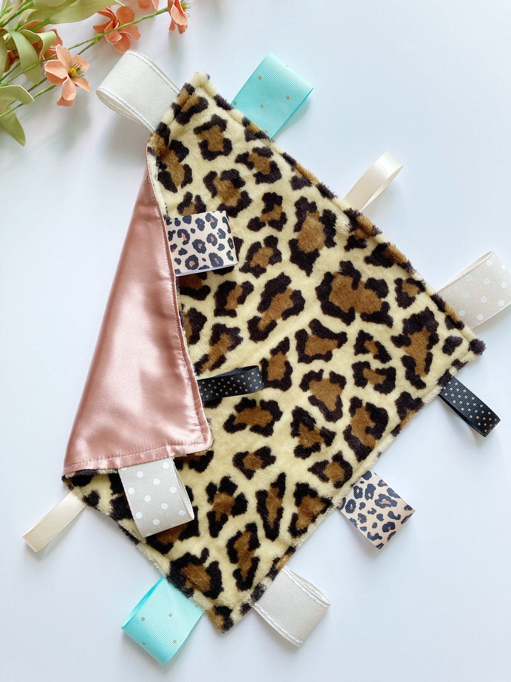 Personalized Leopard Blanket lovey leopard minky and satin and ribbon tag sensory baby gift 12"