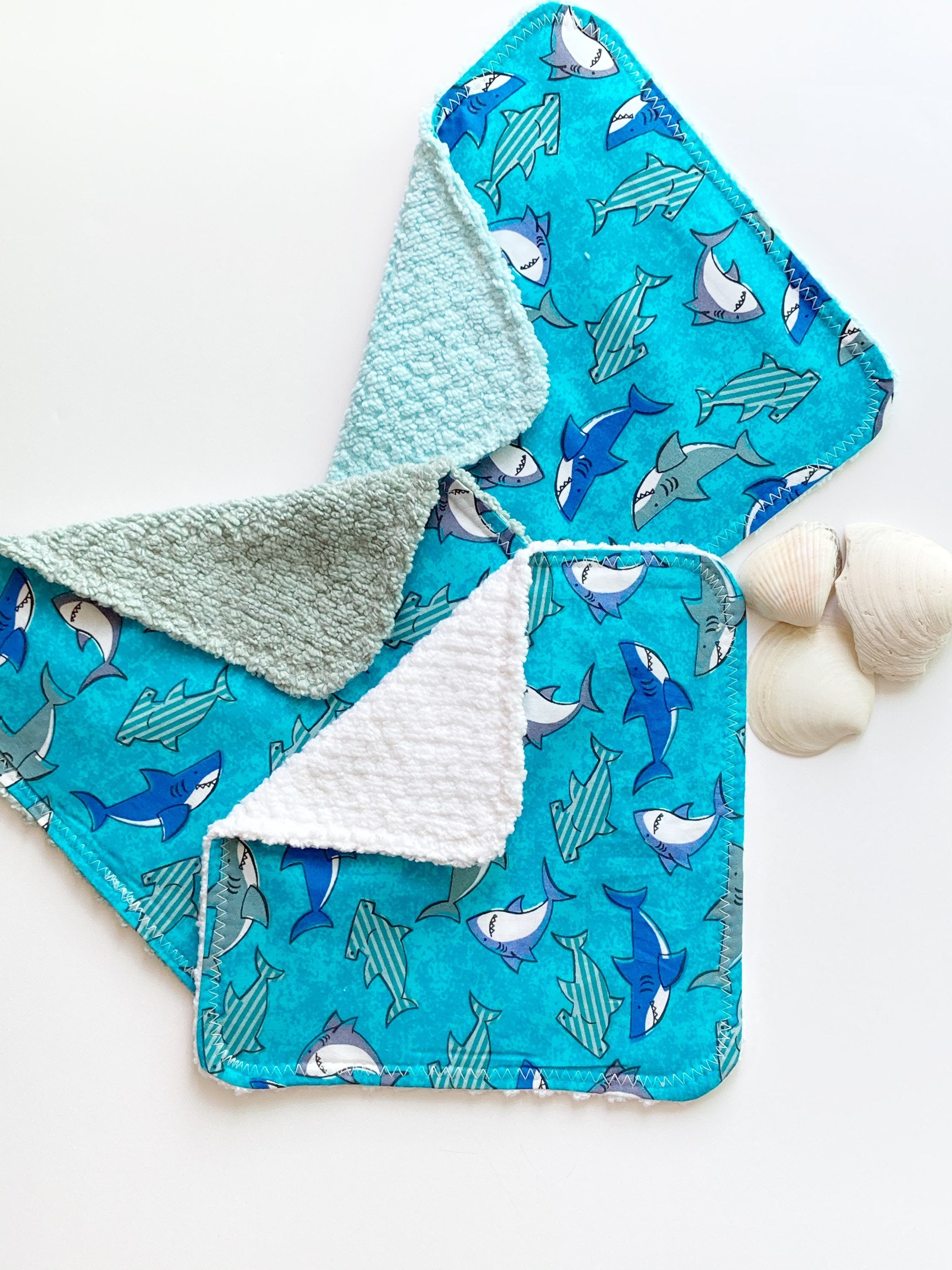 Baby to toddler wash cloths in sharks and ocean themed in blue cotton and coordinating color terry cloth,  10" set of 3, monogram option