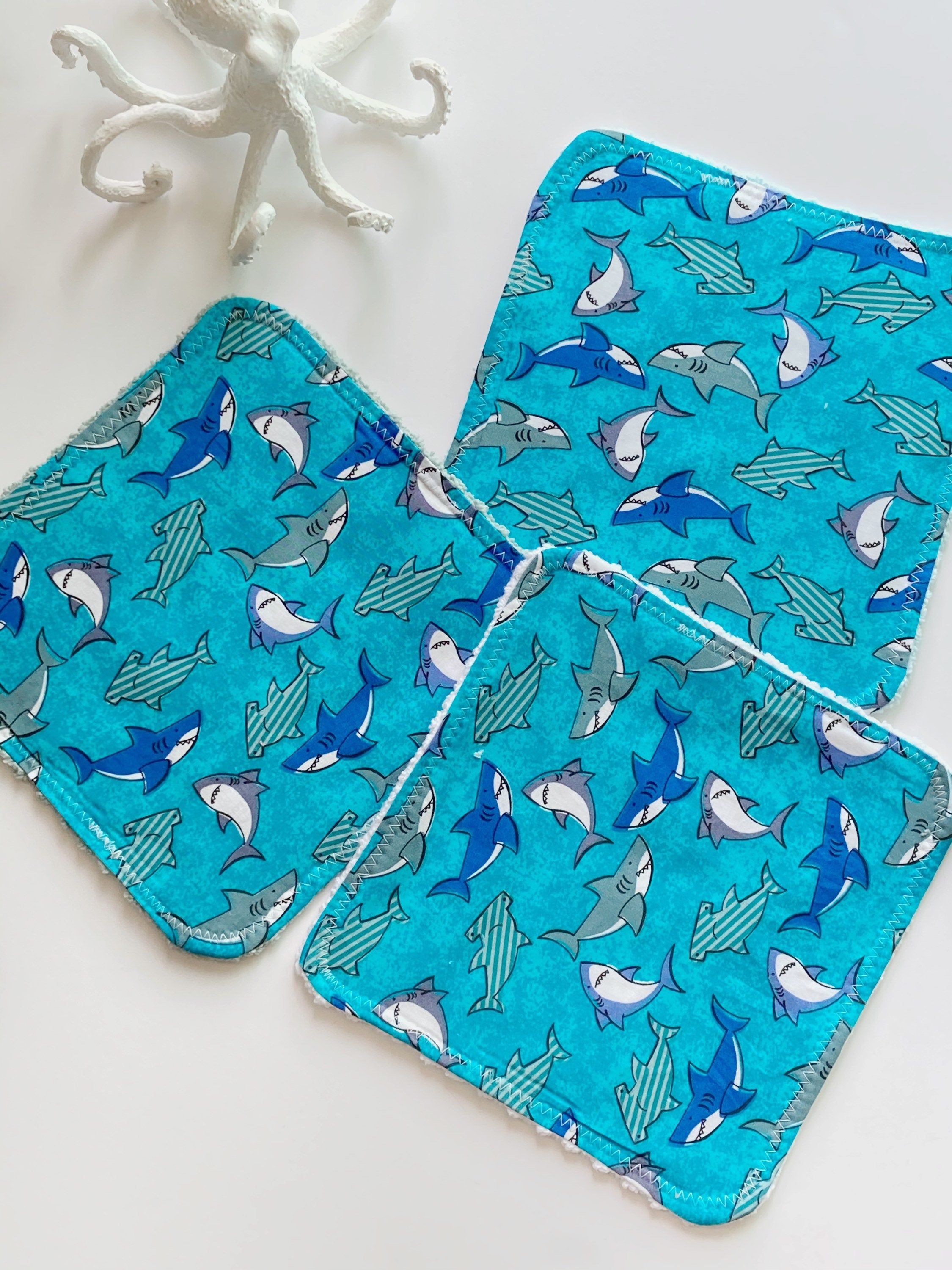 Baby to toddler wash cloths in sharks and ocean themed in blue cotton and coordinating color terry cloth,  10" set of 3, monogram option