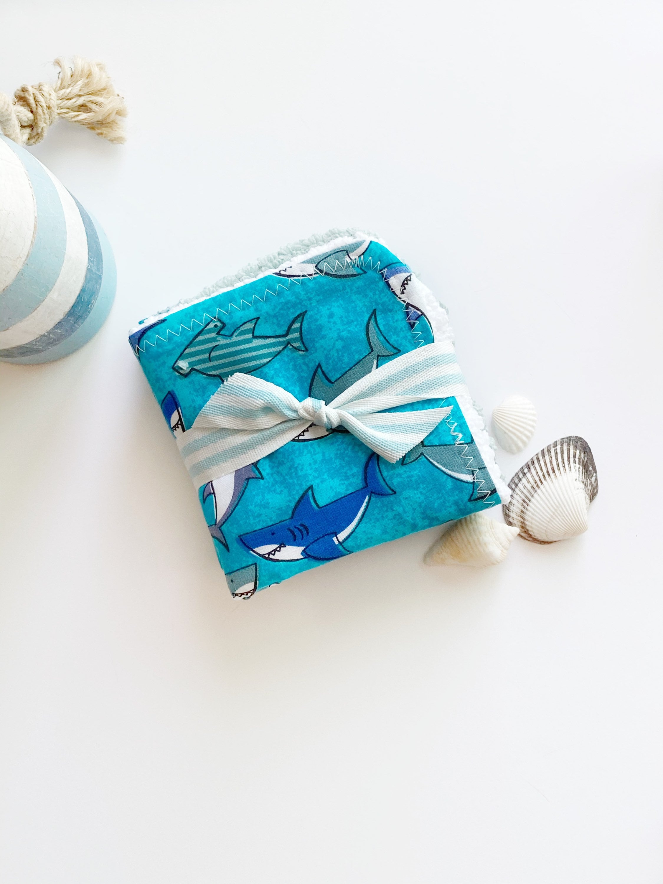 Baby to toddler wash cloths in sharks and ocean themed in blue cotton and coordinating color terry cloth,  10" set of 3, monogram option