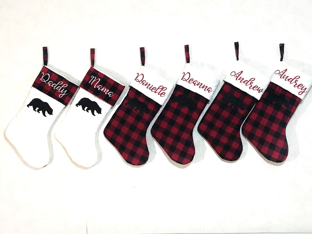 Family Personalized Christmas stocking for Mom Dad kids grandparents, embroidered buffalo plaid cuff or quilted fabric, fully lined, 18”