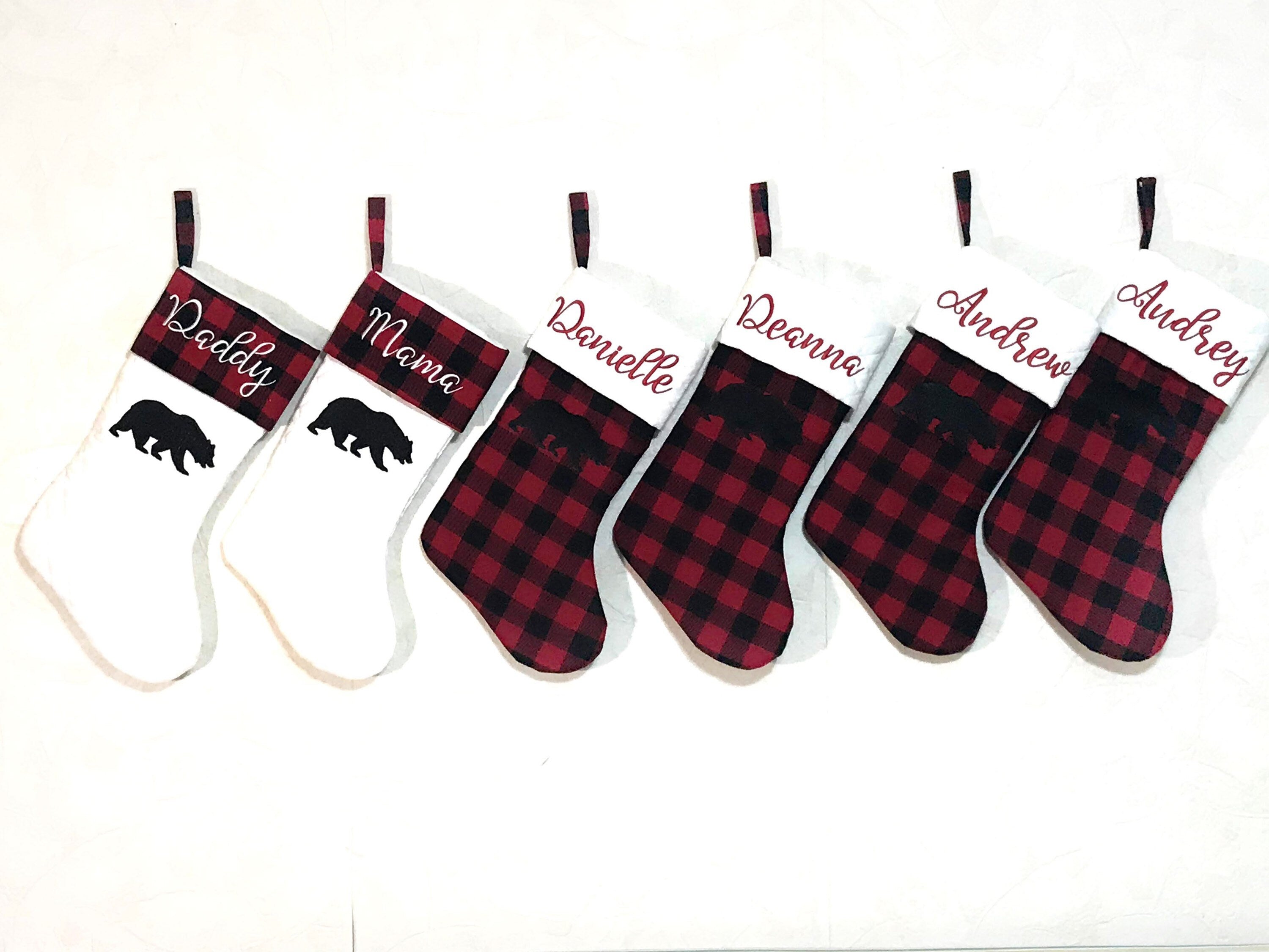 Family Personalized Christmas stocking for Mom Dad kids grandparents, embroidered buffalo plaid cuff or quilted fabric, fully lined, 18”