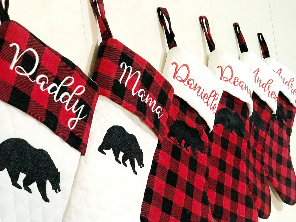 Family Personalized Christmas stocking for Mom Dad kids grandparents, embroidered buffalo plaid cuff or quilted fabric, fully lined, 18”