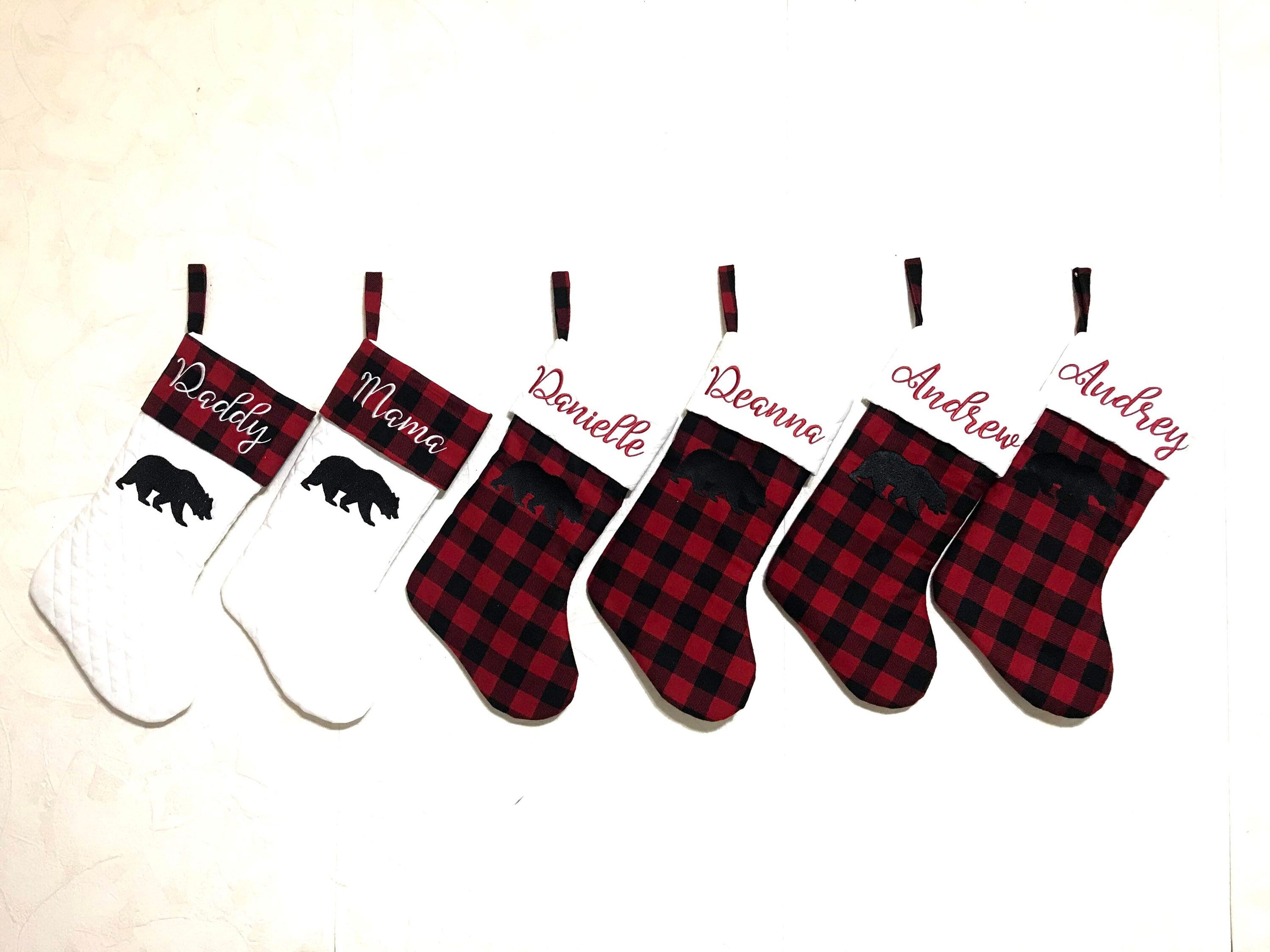 Family Personalized Christmas stocking for Mom Dad kids grandparents, embroidered buffalo plaid cuff or quilted fabric, fully lined, 18”