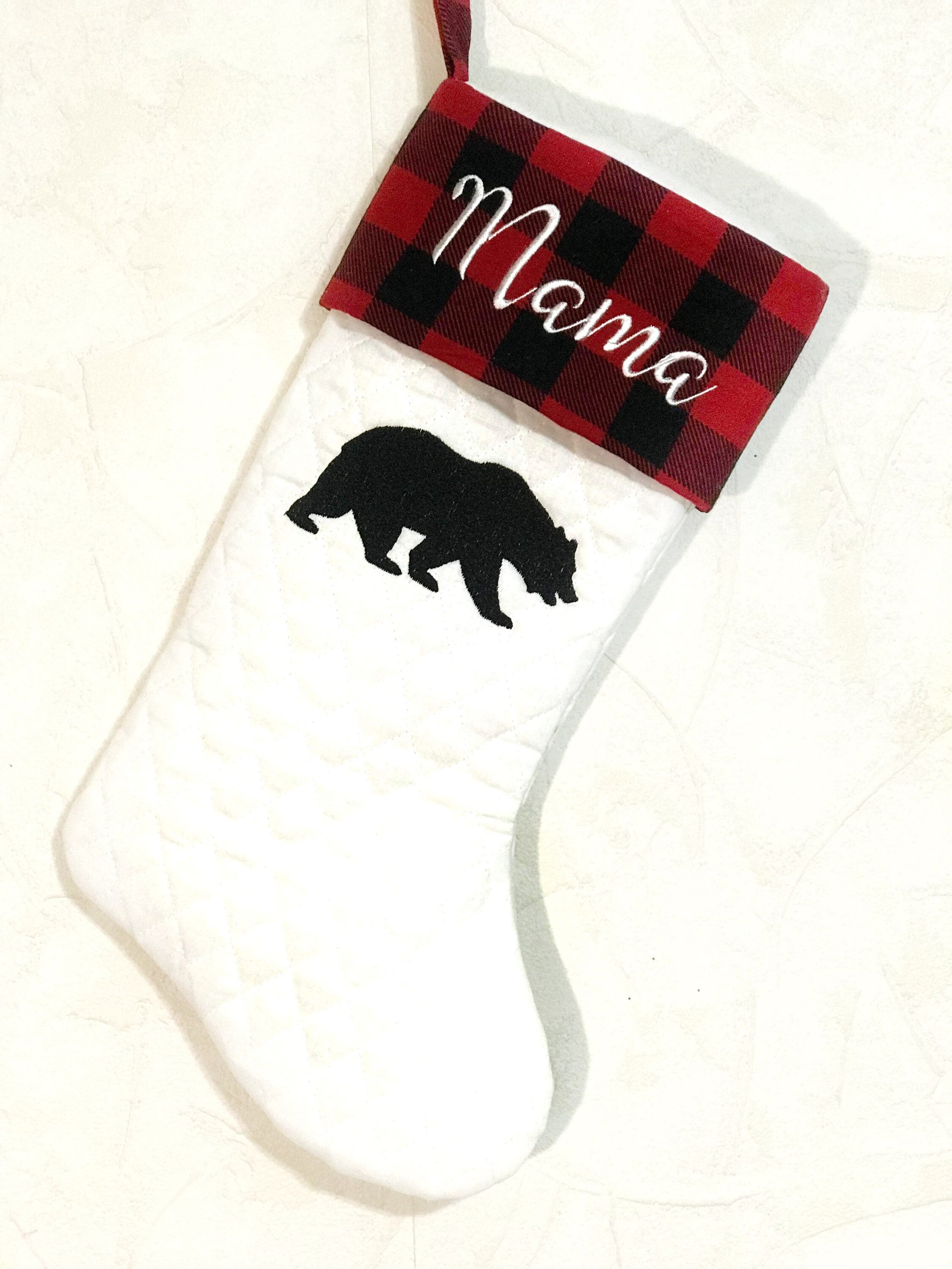 Family Personalized Christmas stocking for Mom Dad kids grandparents, embroidered buffalo plaid cuff or quilted fabric, fully lined, 18”