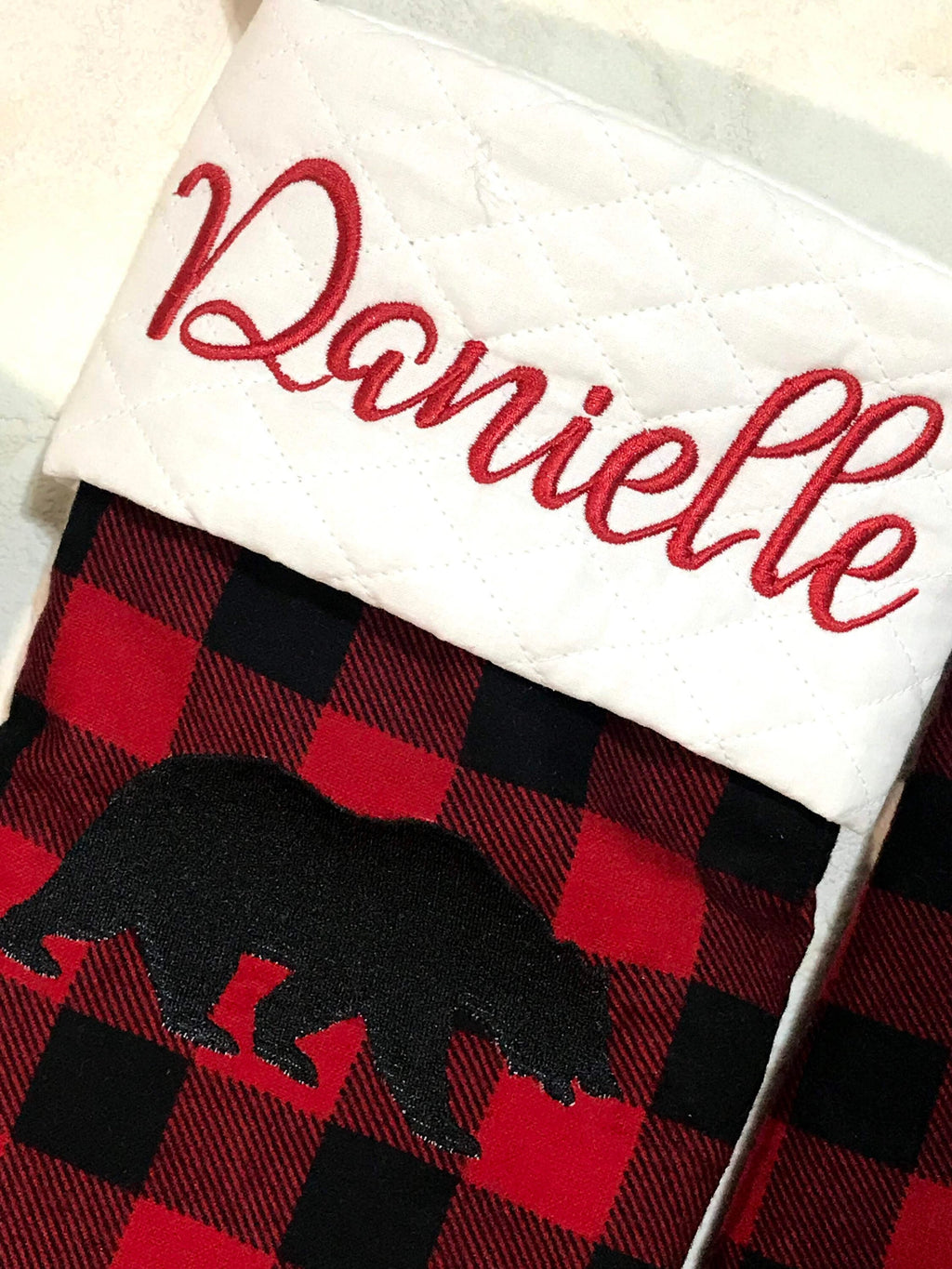 Family Personalized Christmas stocking for Mom Dad kids grandparents, embroidered buffalo plaid cuff or quilted fabric, fully lined, 18”