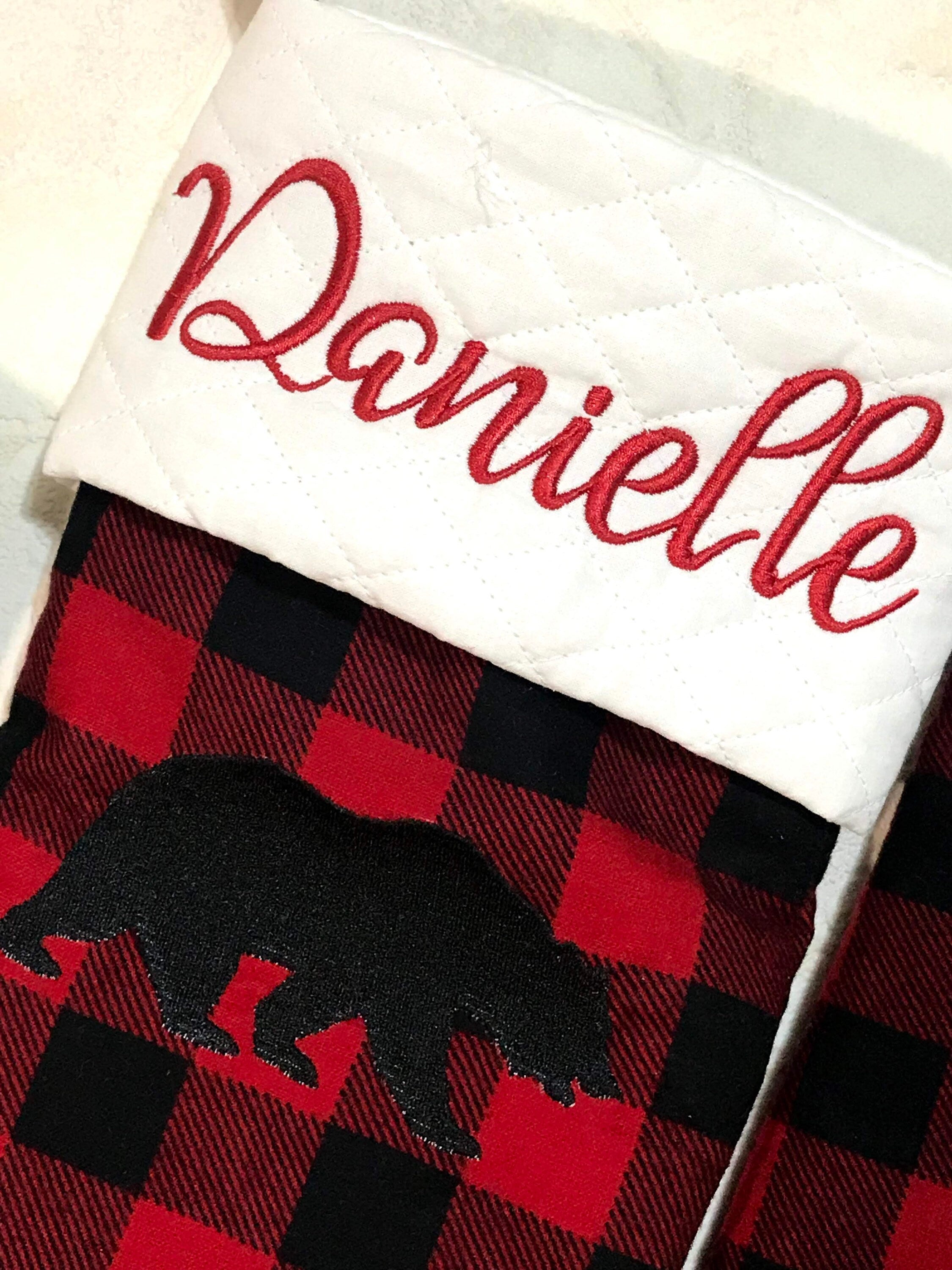 Family Personalized Christmas stocking for Mom Dad kids grandparents, embroidered buffalo plaid cuff or quilted fabric, fully lined, 18”