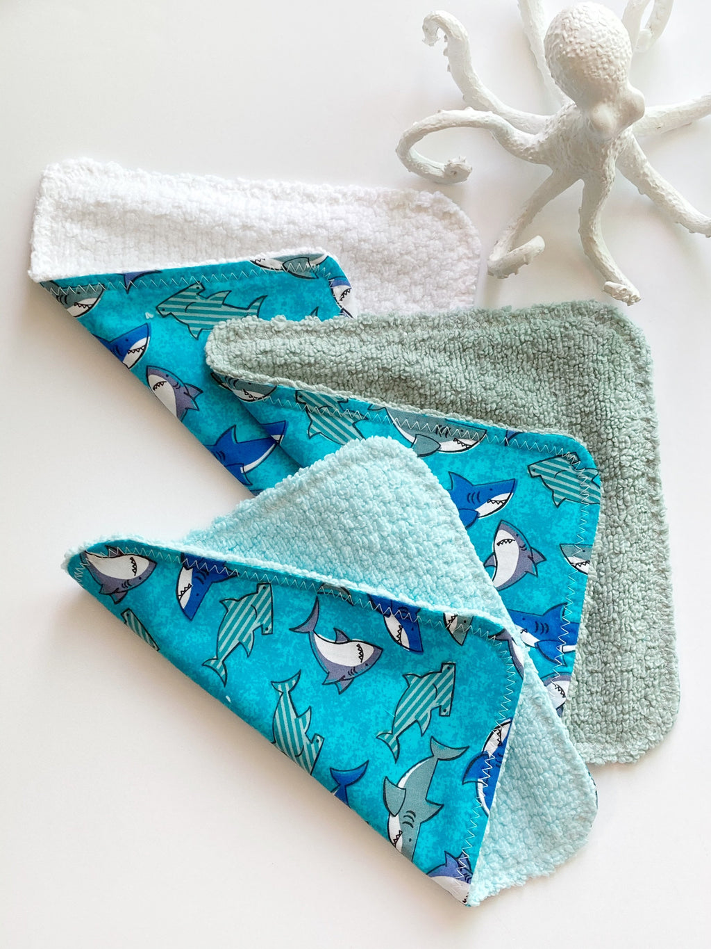 Baby to toddler wash cloths in sharks and ocean themed in blue cotton and coordinating color terry cloth,  10" set of 3, monogram option