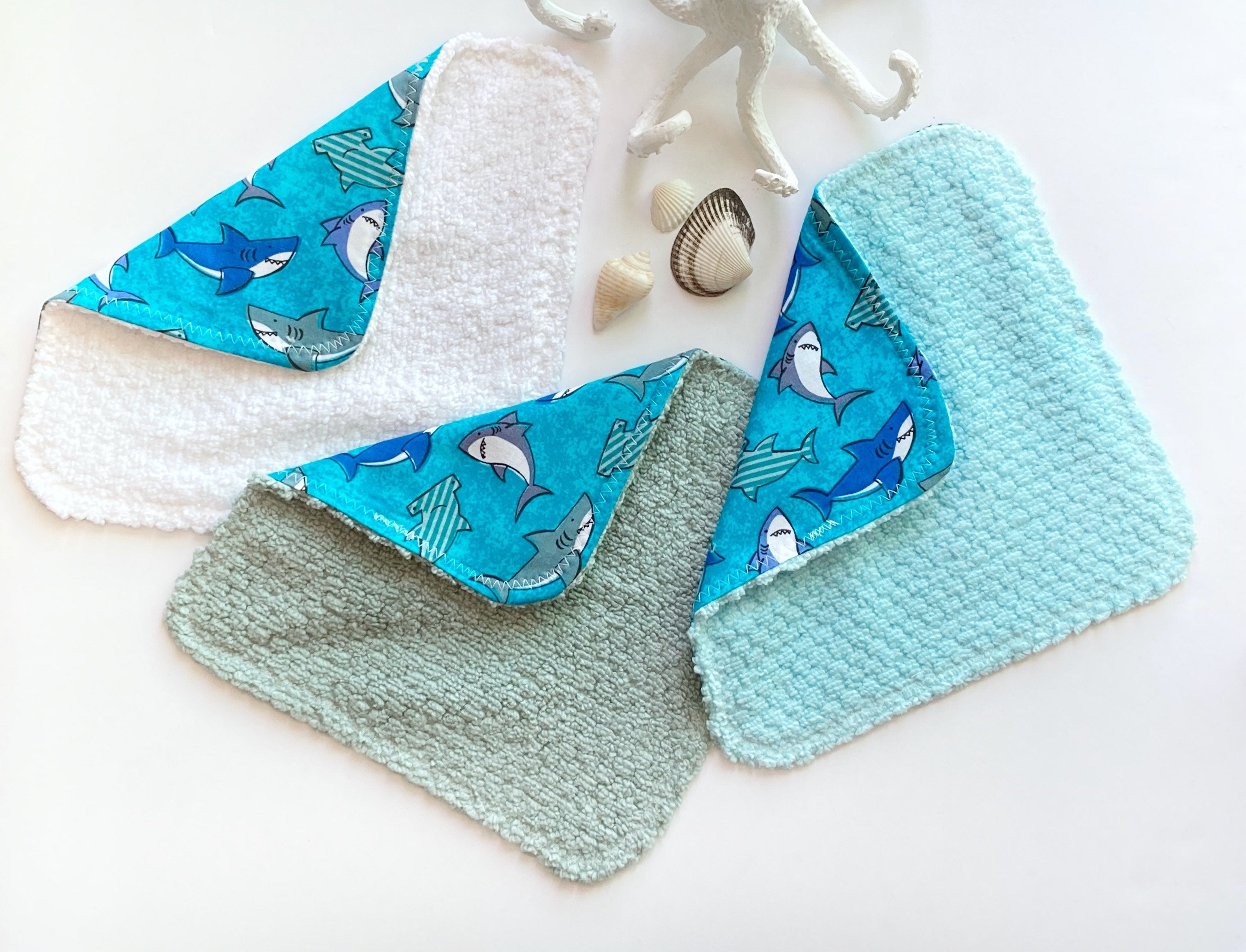 Baby to toddler wash cloths in sharks and ocean themed in blue cotton and coordinating color terry cloth,  10" set of 3, monogram option