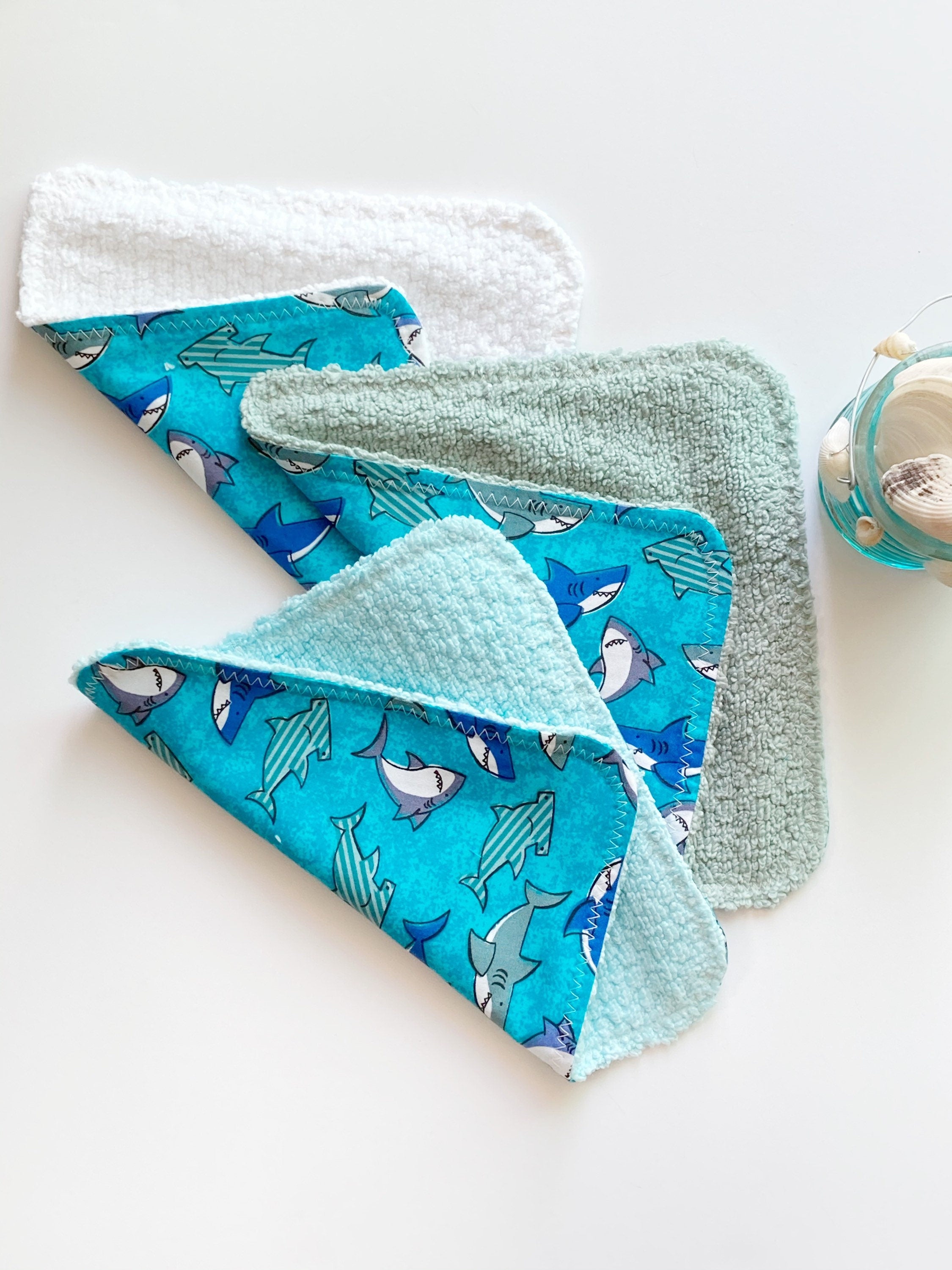 Baby to toddler wash cloths in sharks and ocean themed in blue cotton and coordinating color terry cloth,  10" set of 3, monogram option