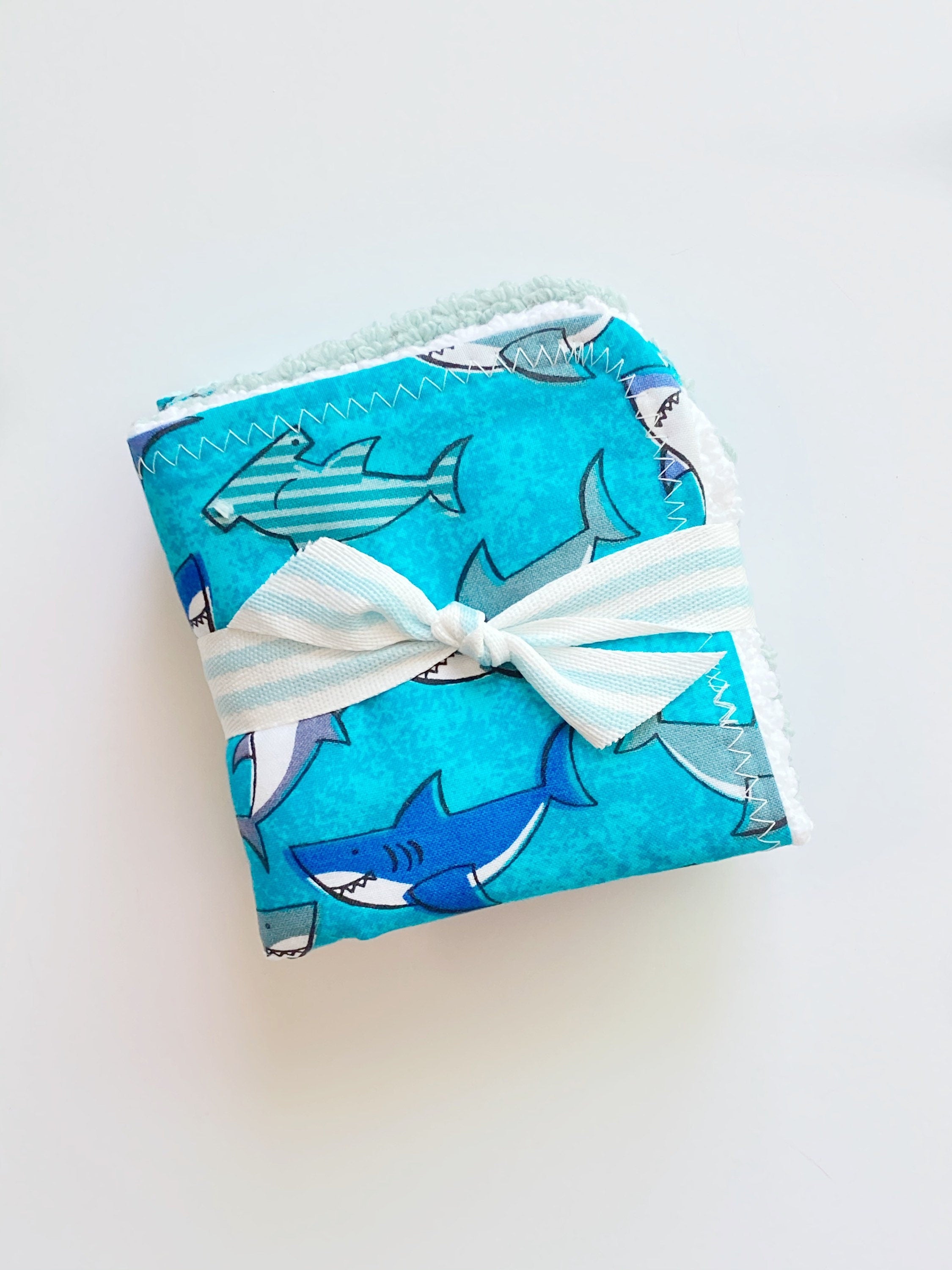 Baby to toddler wash cloths in sharks and ocean themed in blue cotton and coordinating color terry cloth,  10" set of 3, monogram option