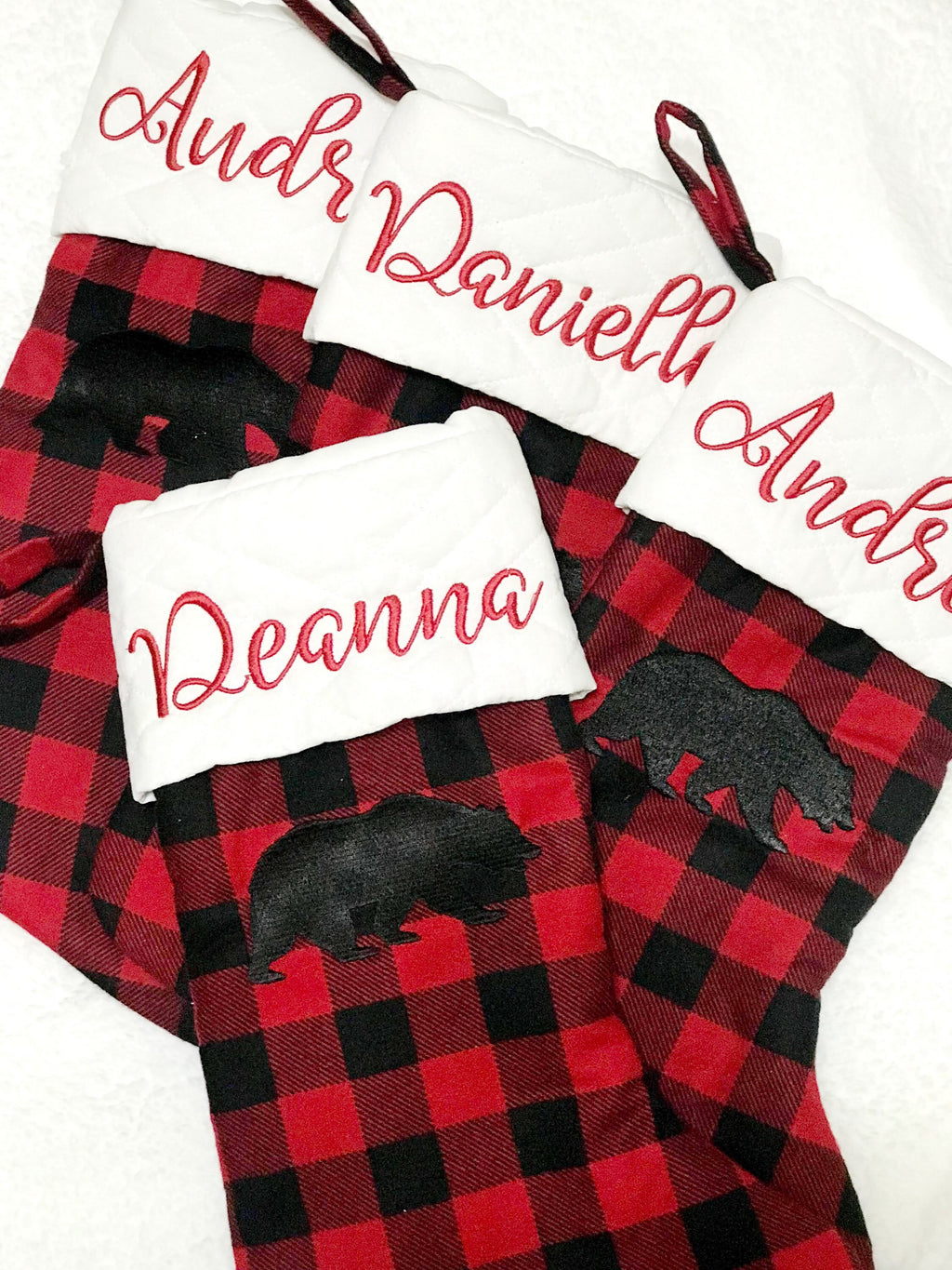 Family Personalized Christmas stocking for Mom Dad kids grandparents, embroidered buffalo plaid cuff or quilted fabric, fully lined, 18”