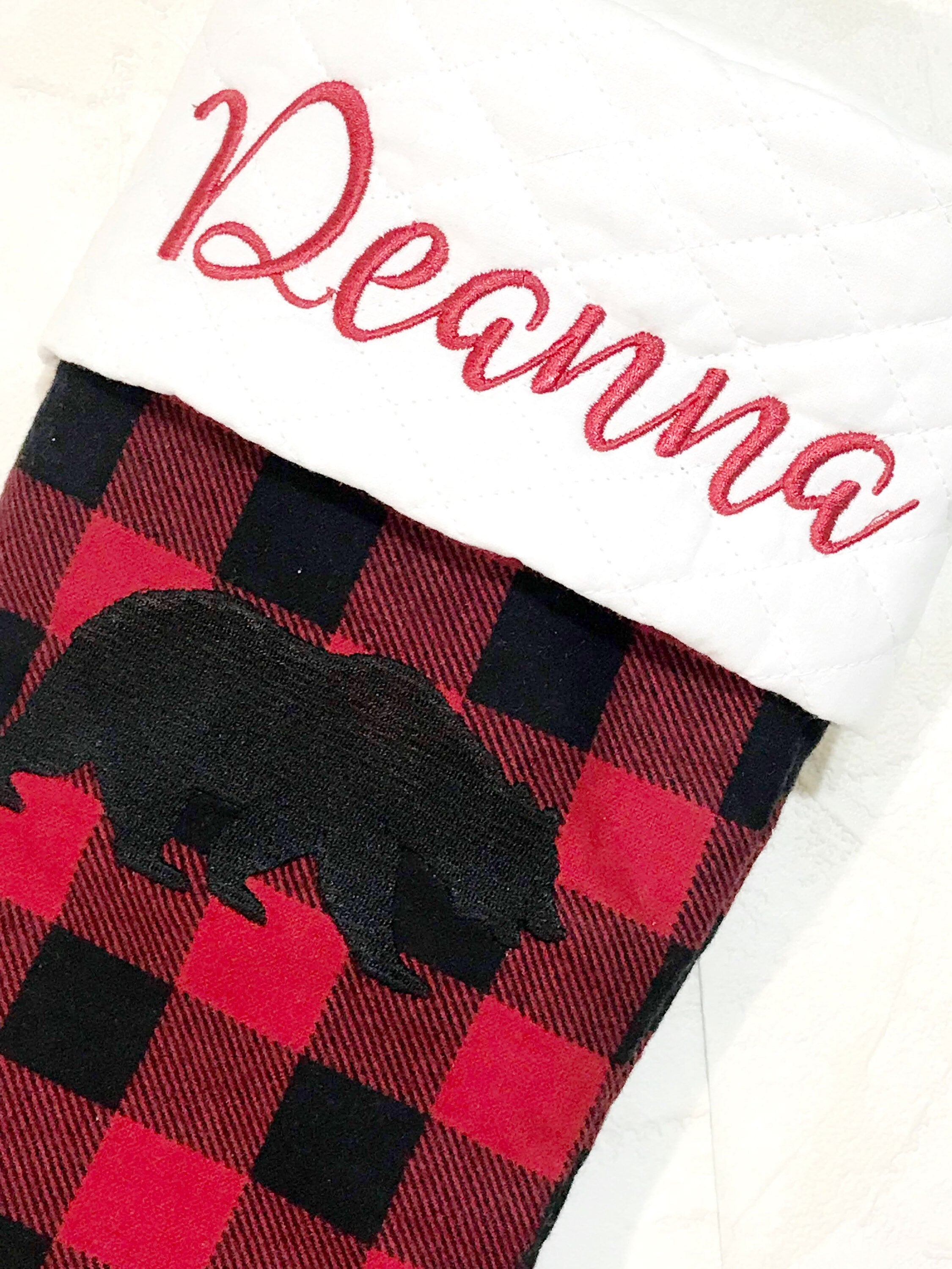 Family Personalized Christmas stocking for Mom Dad kids grandparents, embroidered buffalo plaid cuff or quilted fabric, fully lined, 18”