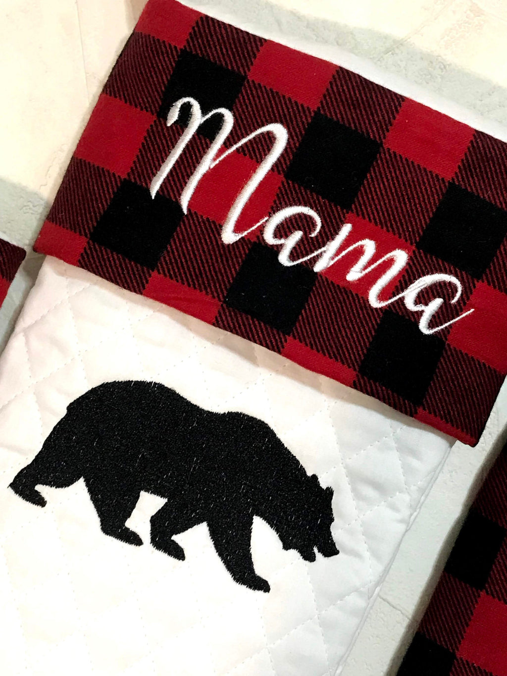 Embroidered Bear personalized Christmas stocking made from quilted fabric, add name on buffalo plaid cuff and fully lined, 18”, color choice