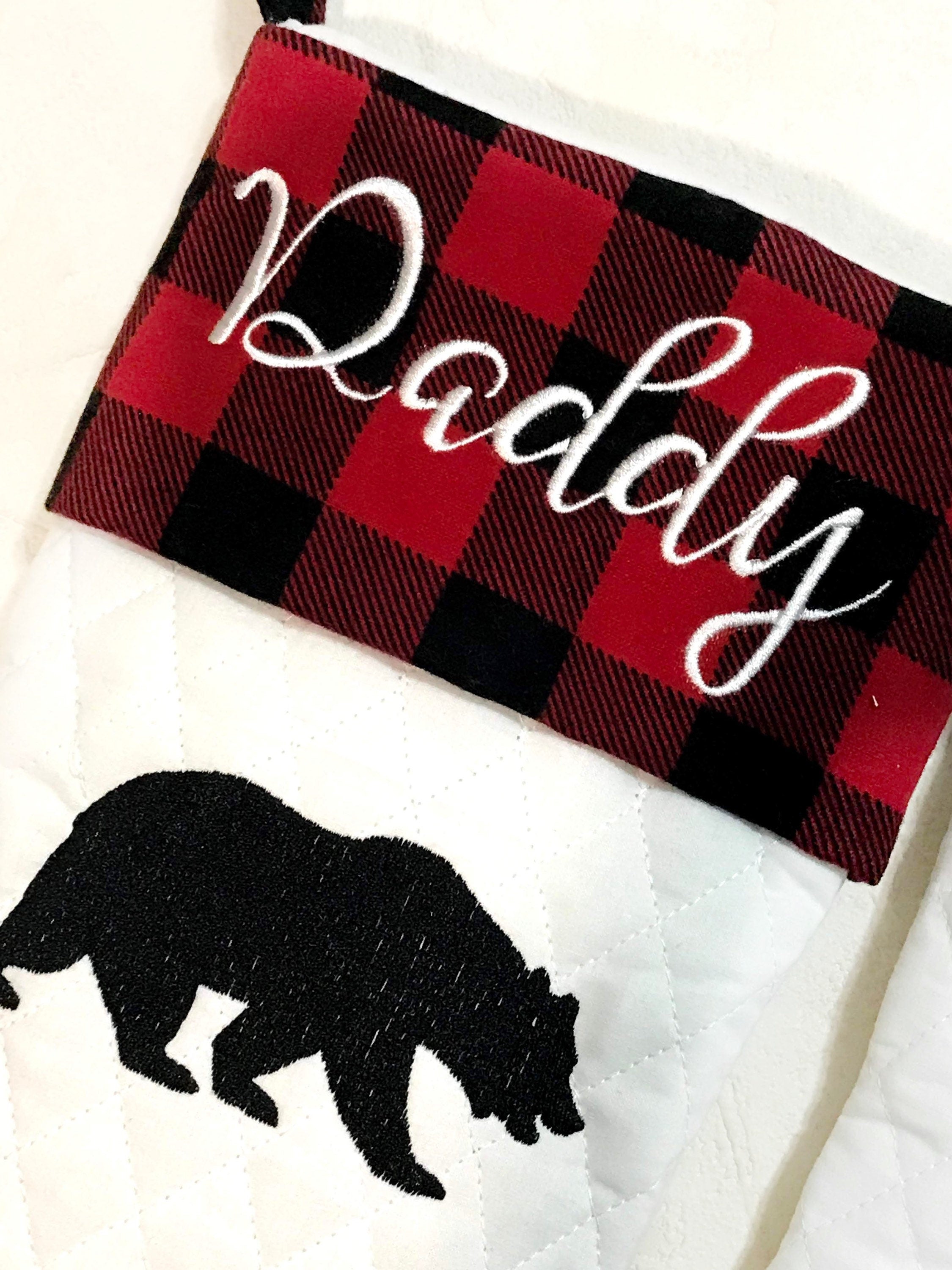 Embroidered Bear personalized Christmas stocking made from quilted fabric, add name on buffalo plaid cuff and fully lined, 18”, color choice