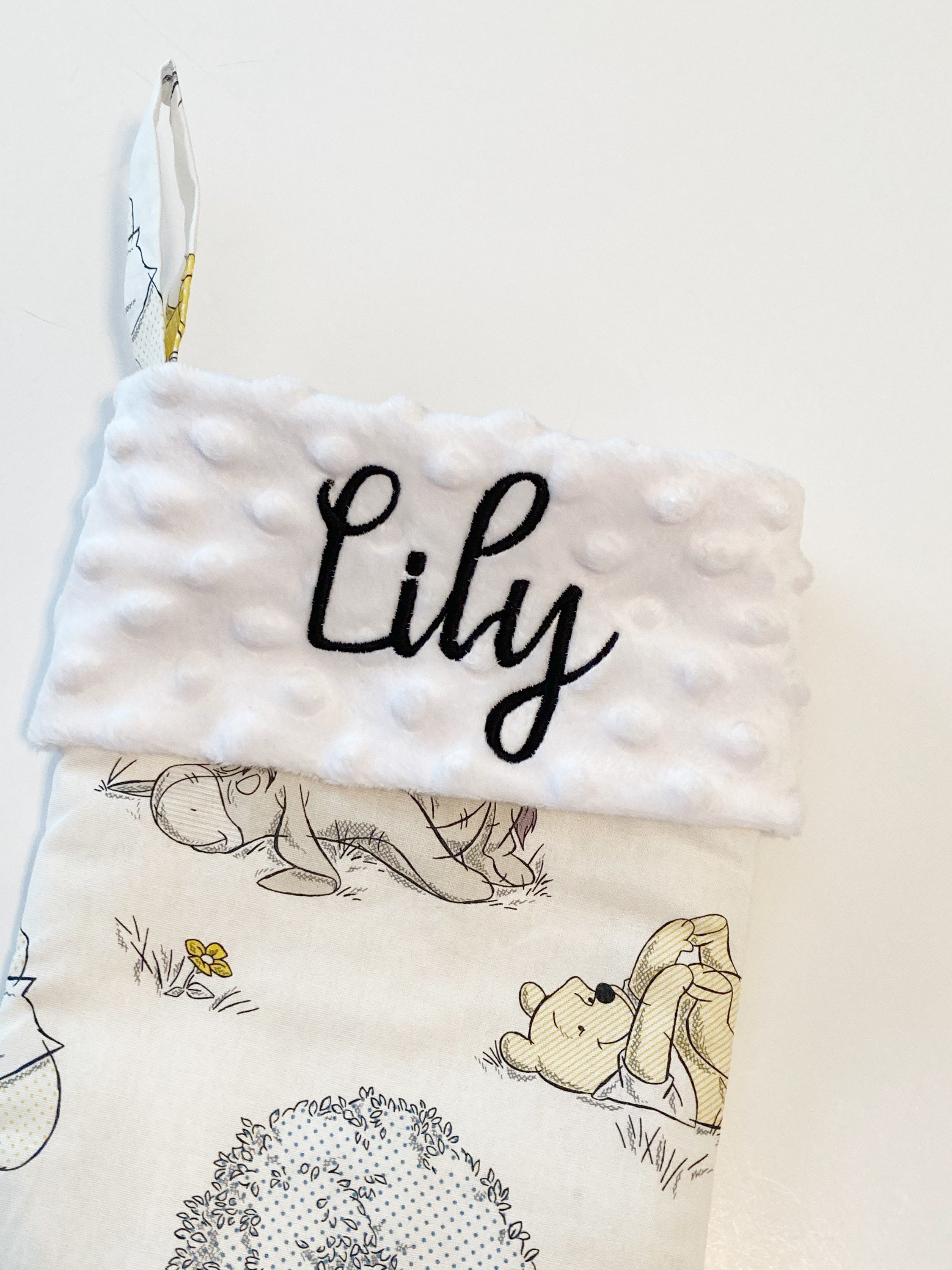 Christmas stocking for baby to adult, personalized made from Winnie the Pooh neutrals fabric, fully lined, boy girl, First Christmas
