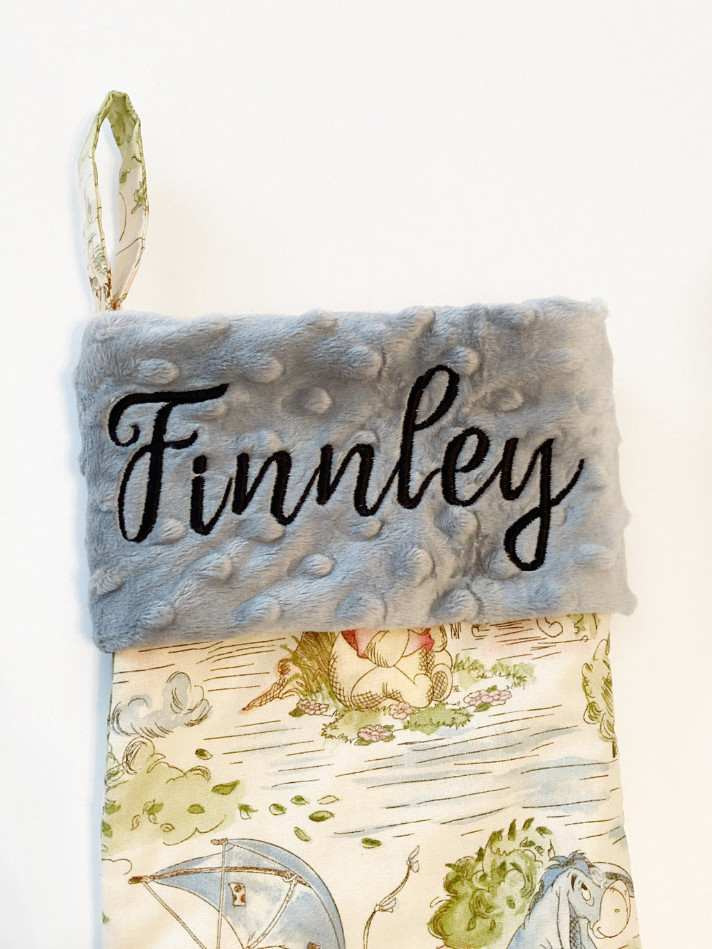 Personalized option Christmas stocking made from Winnie the Pooh fabric cotton and fully lined, minky or fur cuff colors, 18” x 8” size