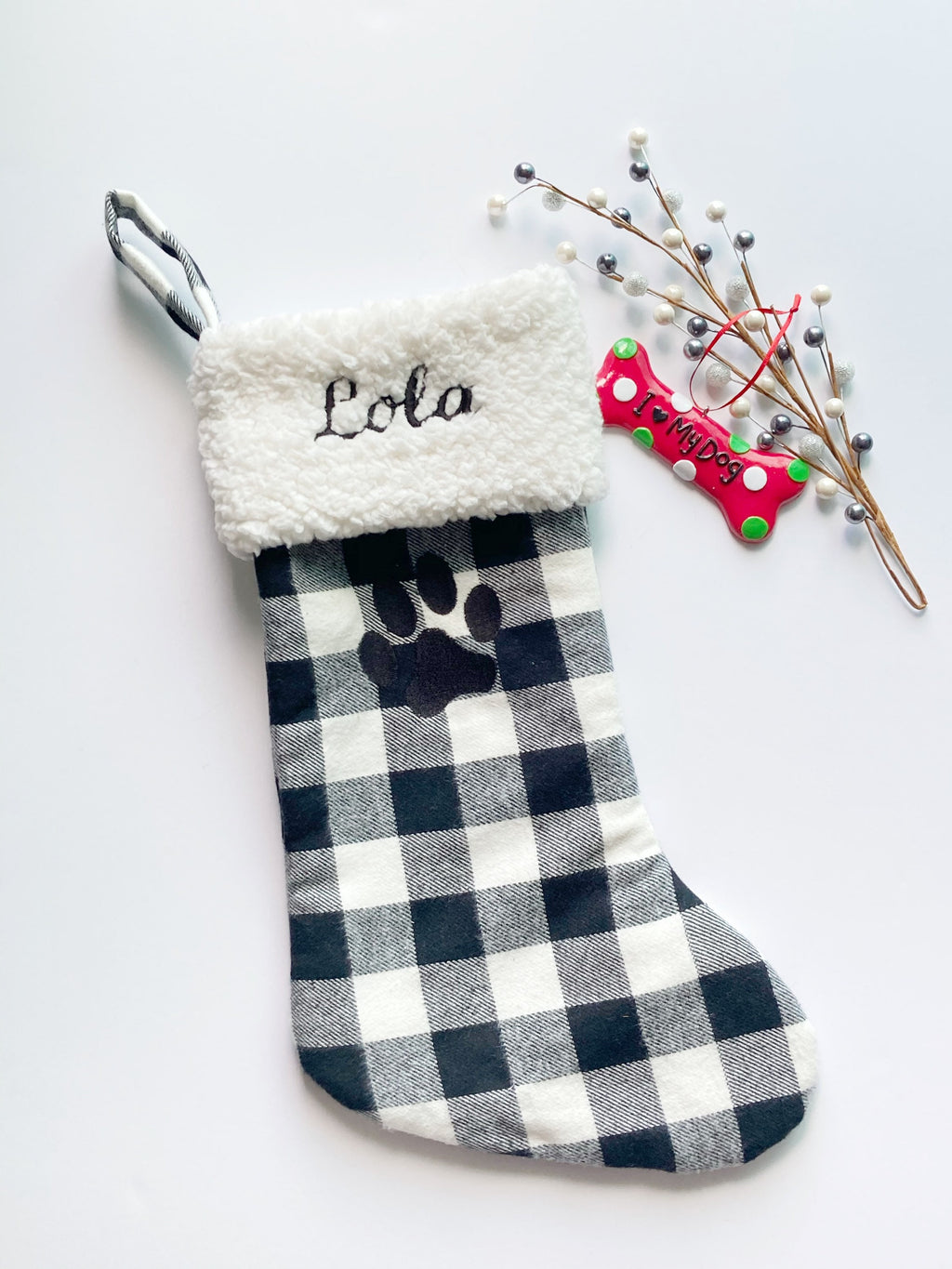 Personalized pet Christmas stocking: black and white buffalo plaid flannel for cat dog stocking fully lined embroidered paw 18”