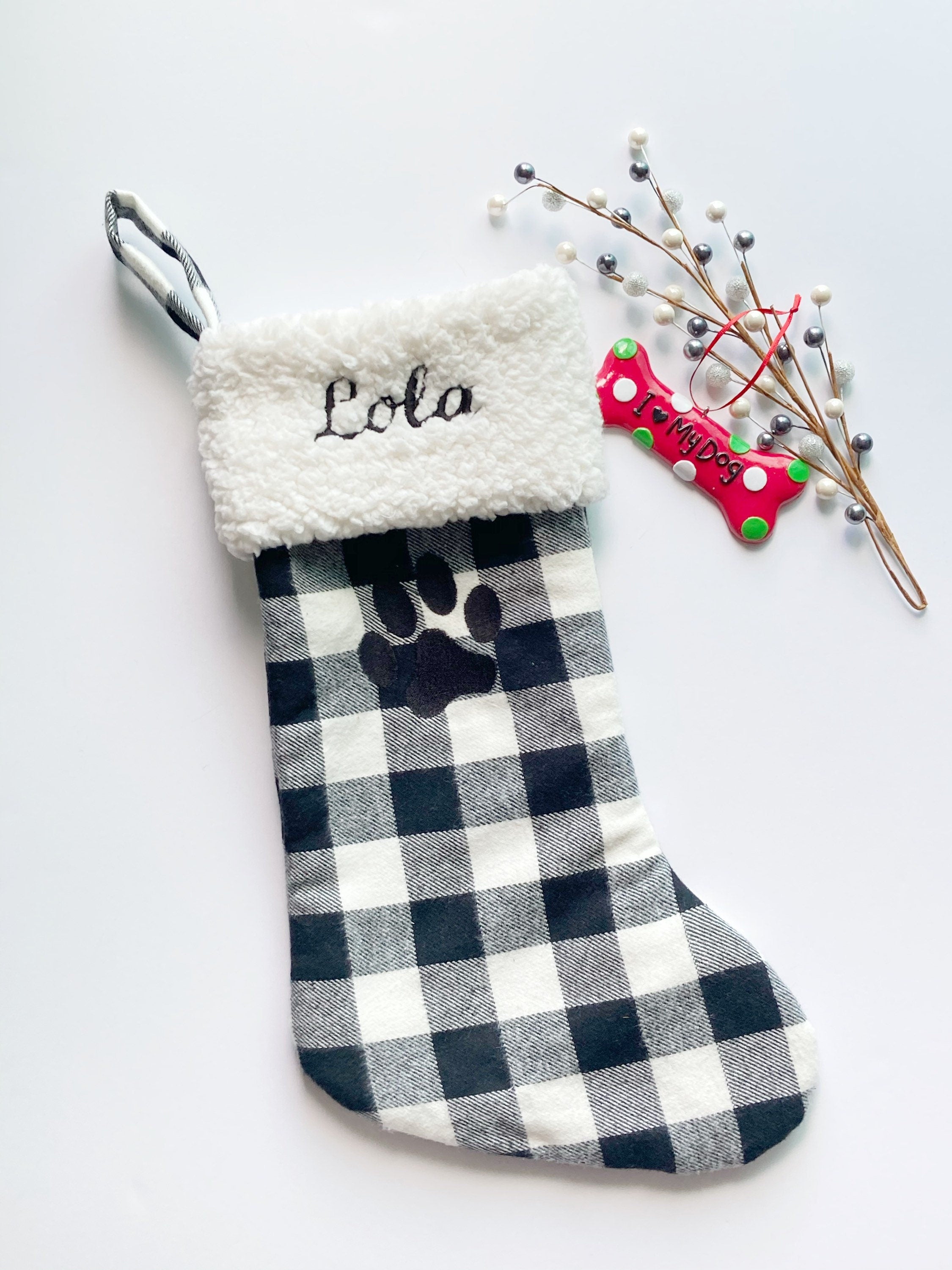 Personalized pet Christmas stocking: black and white buffalo plaid flannel for cat dog stocking fully lined embroidered paw 18”