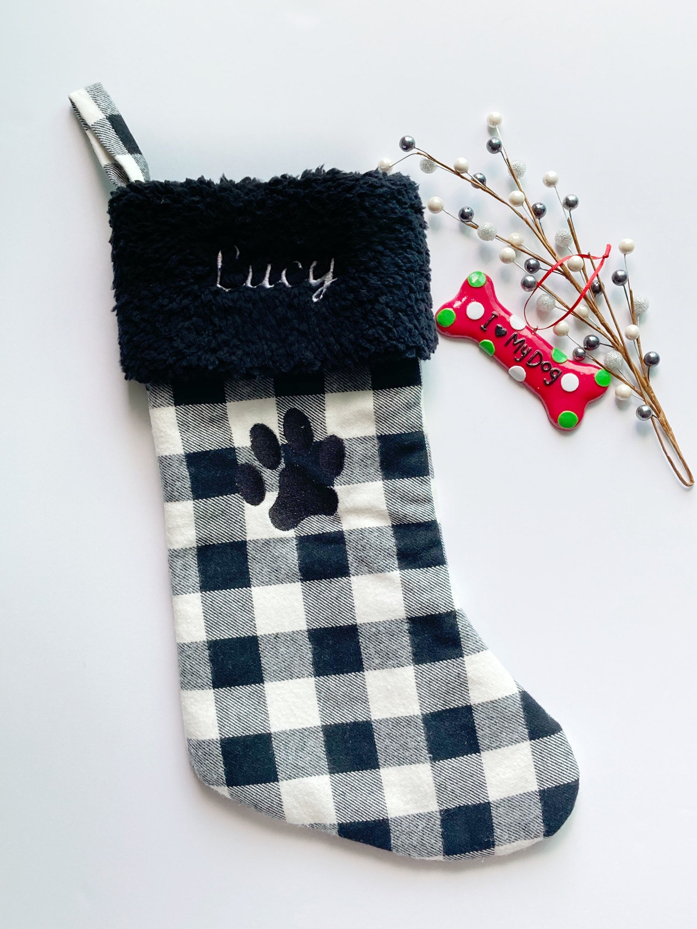 Personalized pet Christmas stocking: black and white buffalo plaid flannel for cat dog stocking fully lined embroidered paw 18”