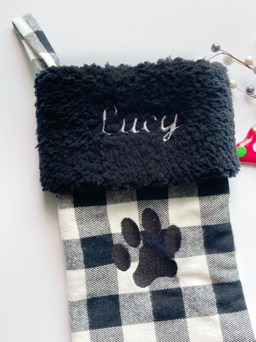 Personalized pet Christmas stocking: black and white buffalo plaid flannel for cat dog stocking fully lined embroidered paw 18”