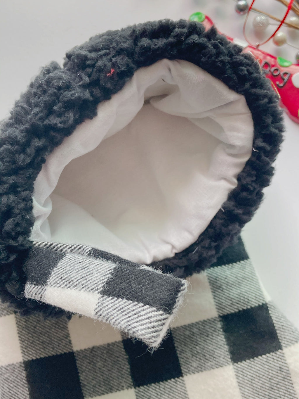 Personalized pet Christmas stocking: black and white buffalo plaid flannel for cat dog stocking fully lined embroidered paw 18”