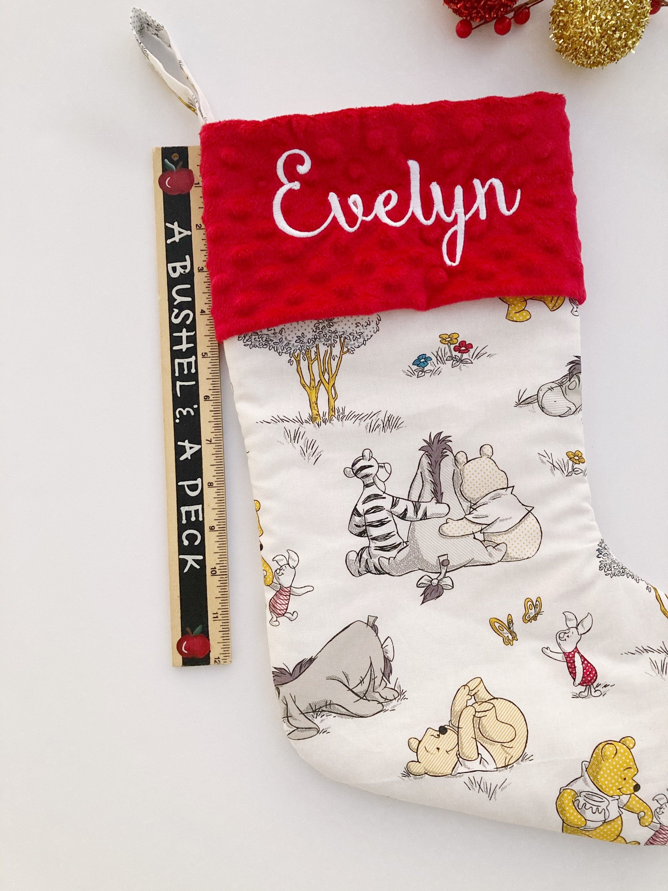 Christmas stocking for baby child adult, personalized made from Winnie the Pooh fabric, fully lined, boy or girl, First Christmas