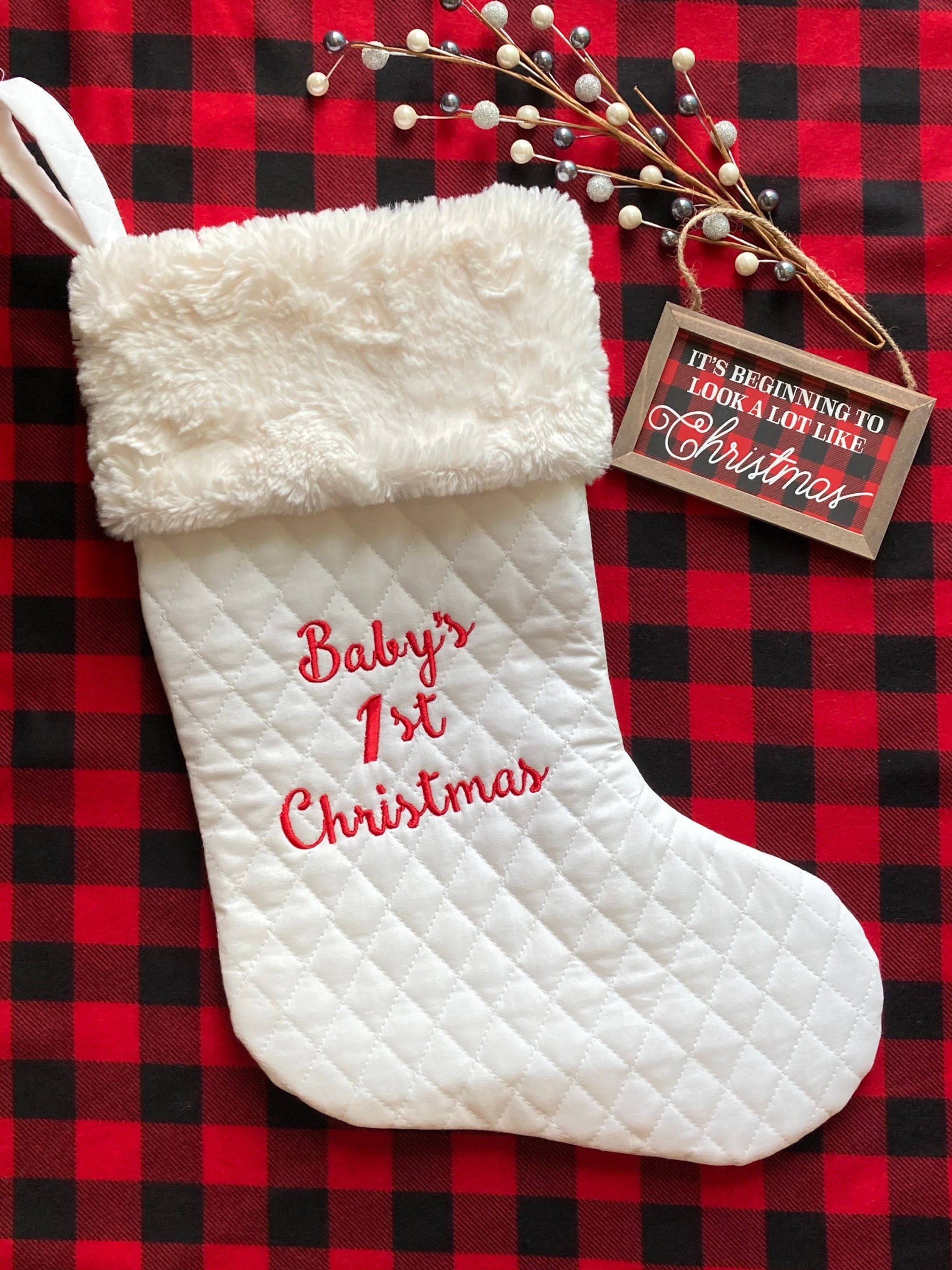 Baby’s First Christmas stocking personalized and fully lined for boy or girl newborn gift, quilted cotton and Minky, 18” heirloom quality